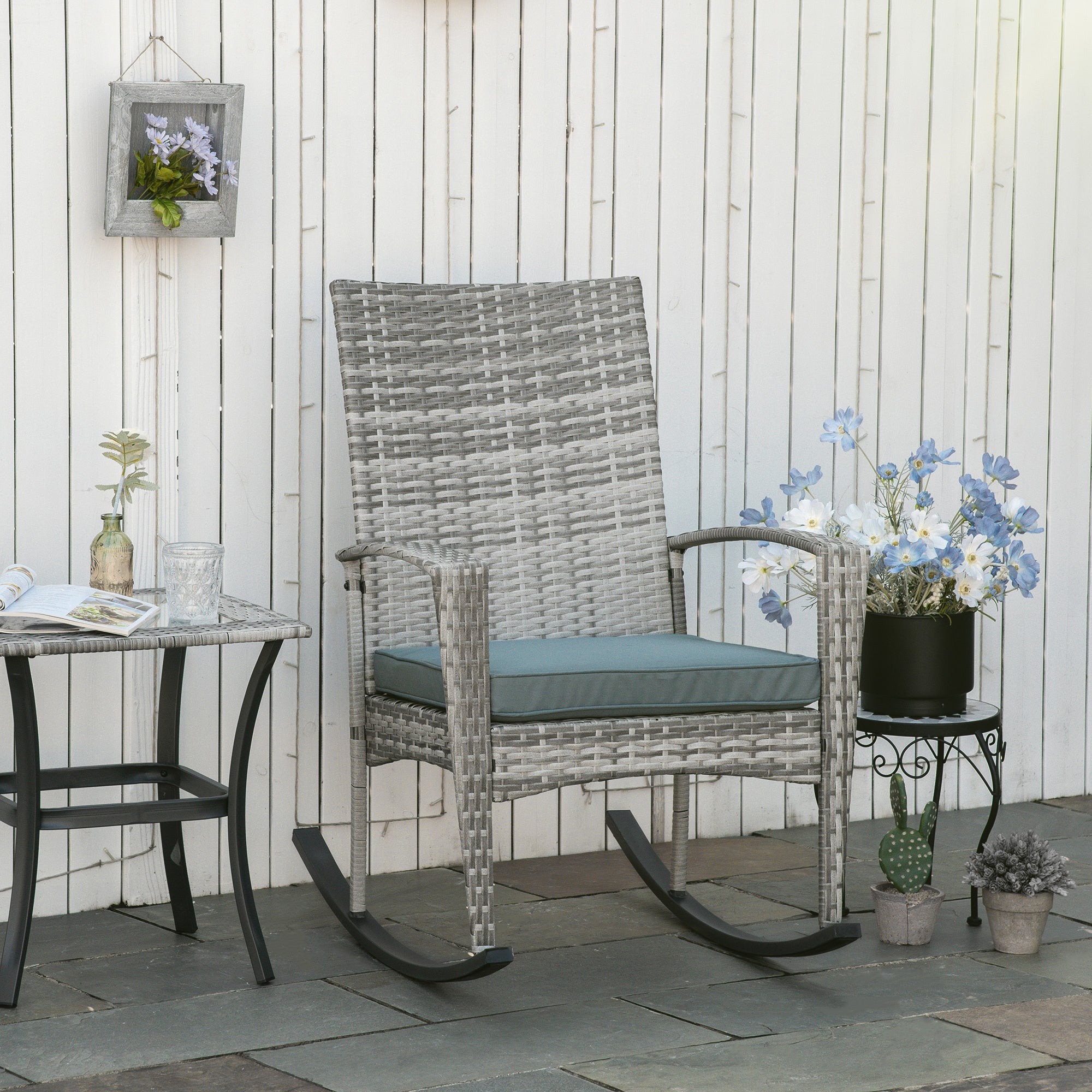 Outsunny Outdoor PE Rattan Rocking Chair, Garden Wicker Glider Rocking Chair Set with Armrest and Cushion for Patio, Balcony, Deck, Mixed Grey