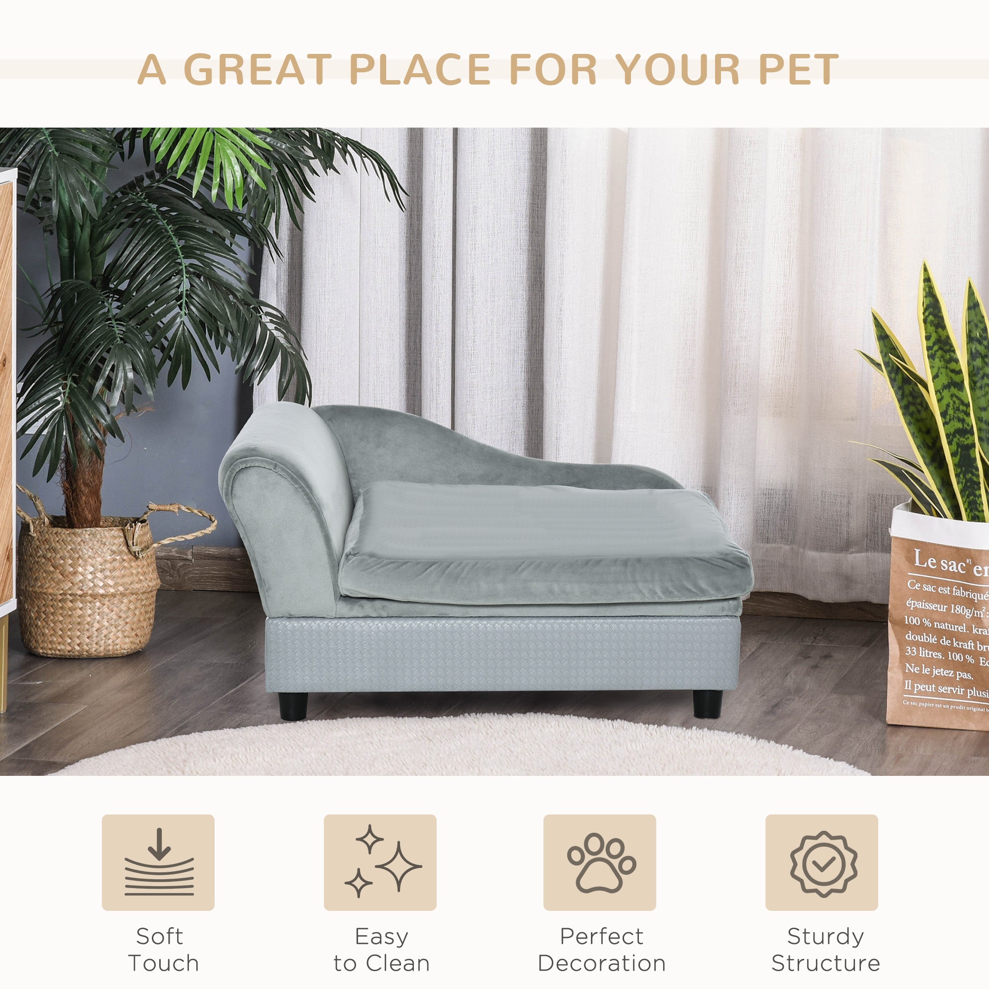 PawHut Dog Sofa for XS and S Size Dogs, Pet Chair Couch with Hidden Under Seat Storage, Kitten Sofa Bed with Soft Cushion Washable Cover, Wooden Frame - Grey