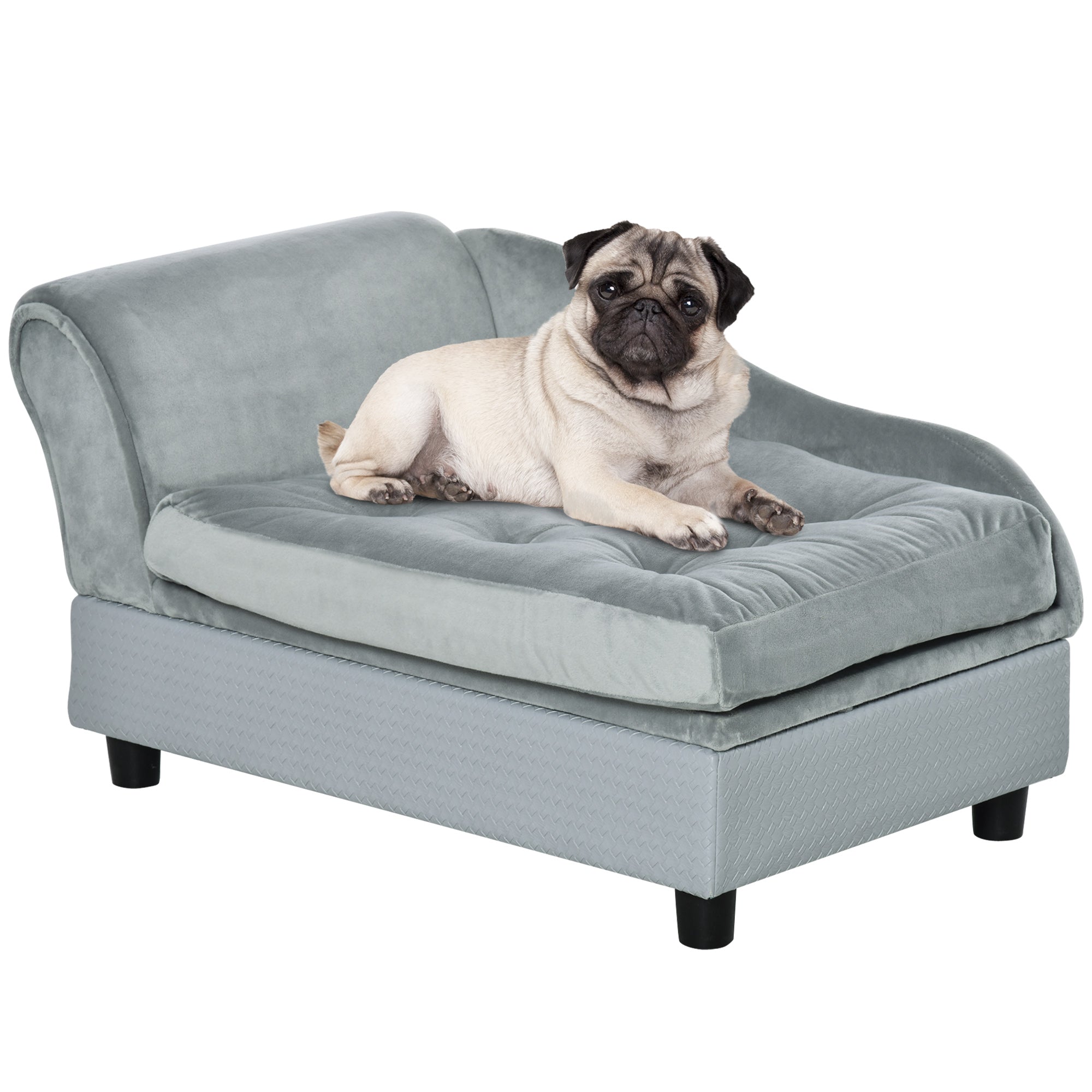 PawHut Dog Sofa for XS and S Size Dogs, Pet Chair Couch with Hidden Under Seat Storage, Kitten Sofa Bed with Soft Cushion Washable Cover, Wooden Frame - Grey