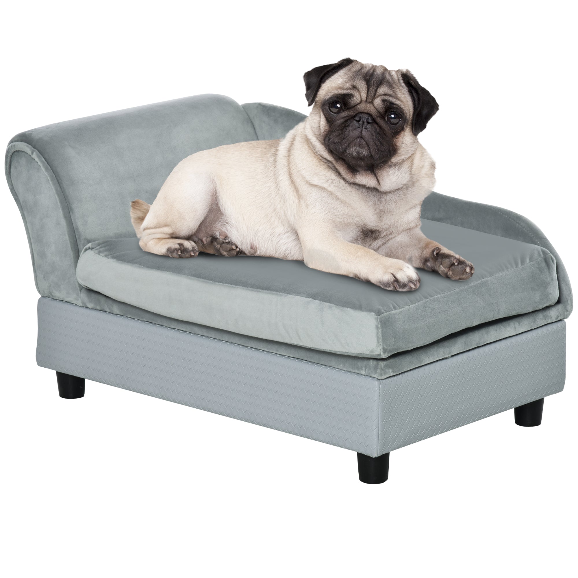 PawHut Pet Sofa Dog Couch Chaise Lounge Pet Bed with Storage Function Small Sized Dog Various Cat Sponge Cushioned Bed Lounge, Light Grey