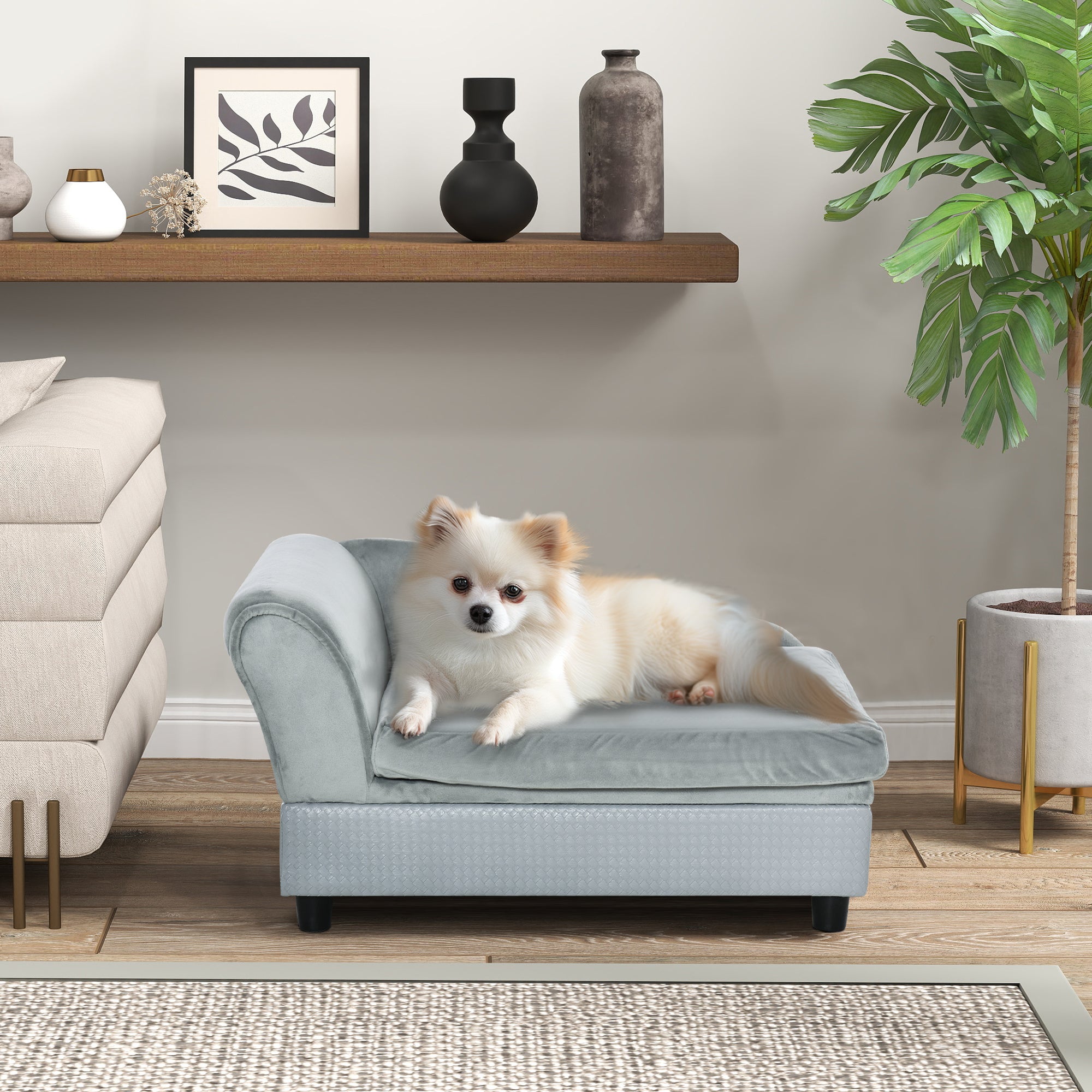 PawHut Pet Sofa Dog Couch Chaise Lounge Pet Bed with Storage Function Small Sized Dog Various Cat Sponge Cushioned Bed Lounge, Light Grey