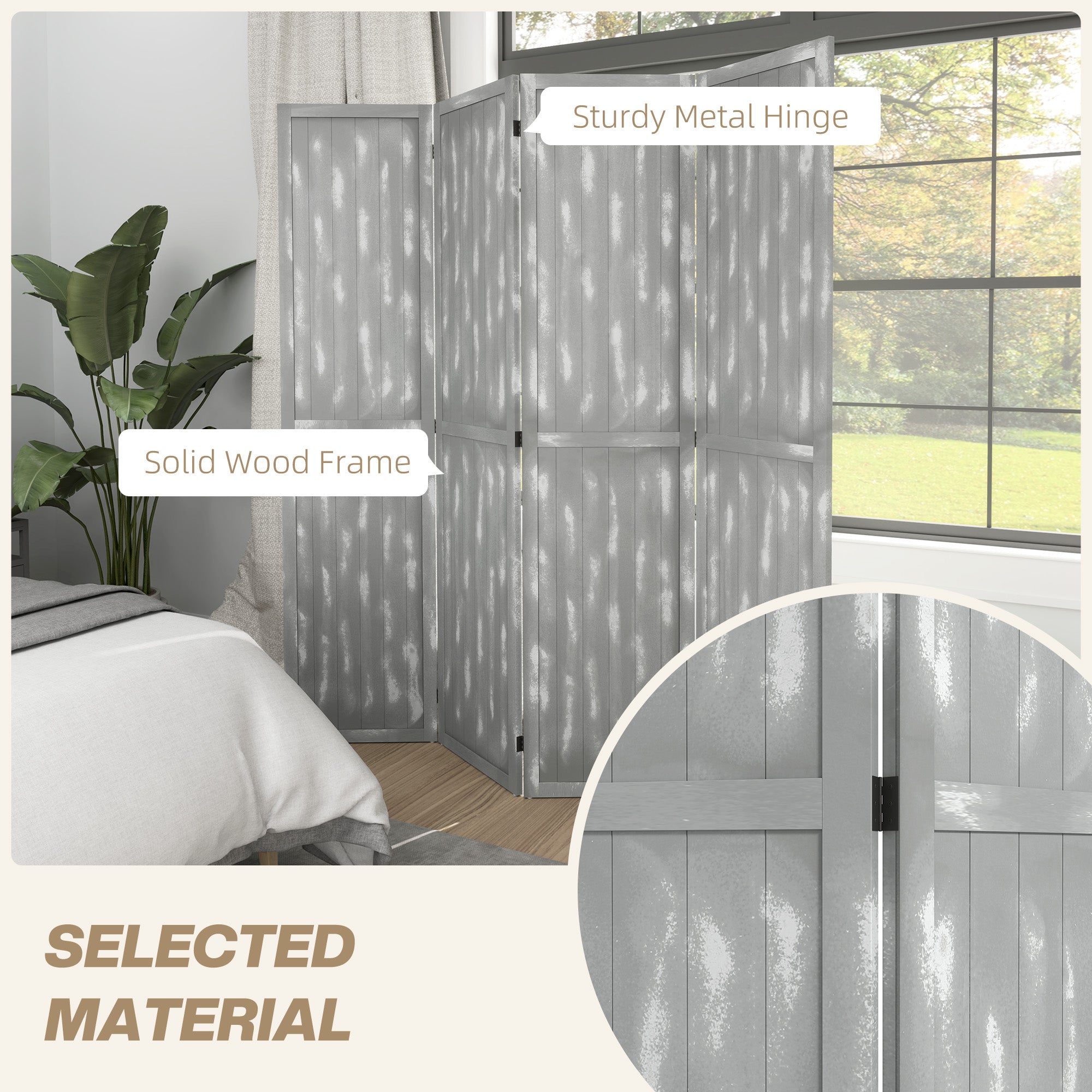 HOMCOM 5.6 FT. Tall 4-Panel Room Divider, Rustic White Panel Freestanding Folding Privacy Screen Panels, Partition Wall Divider for Indoor Bedroom Office, Grey