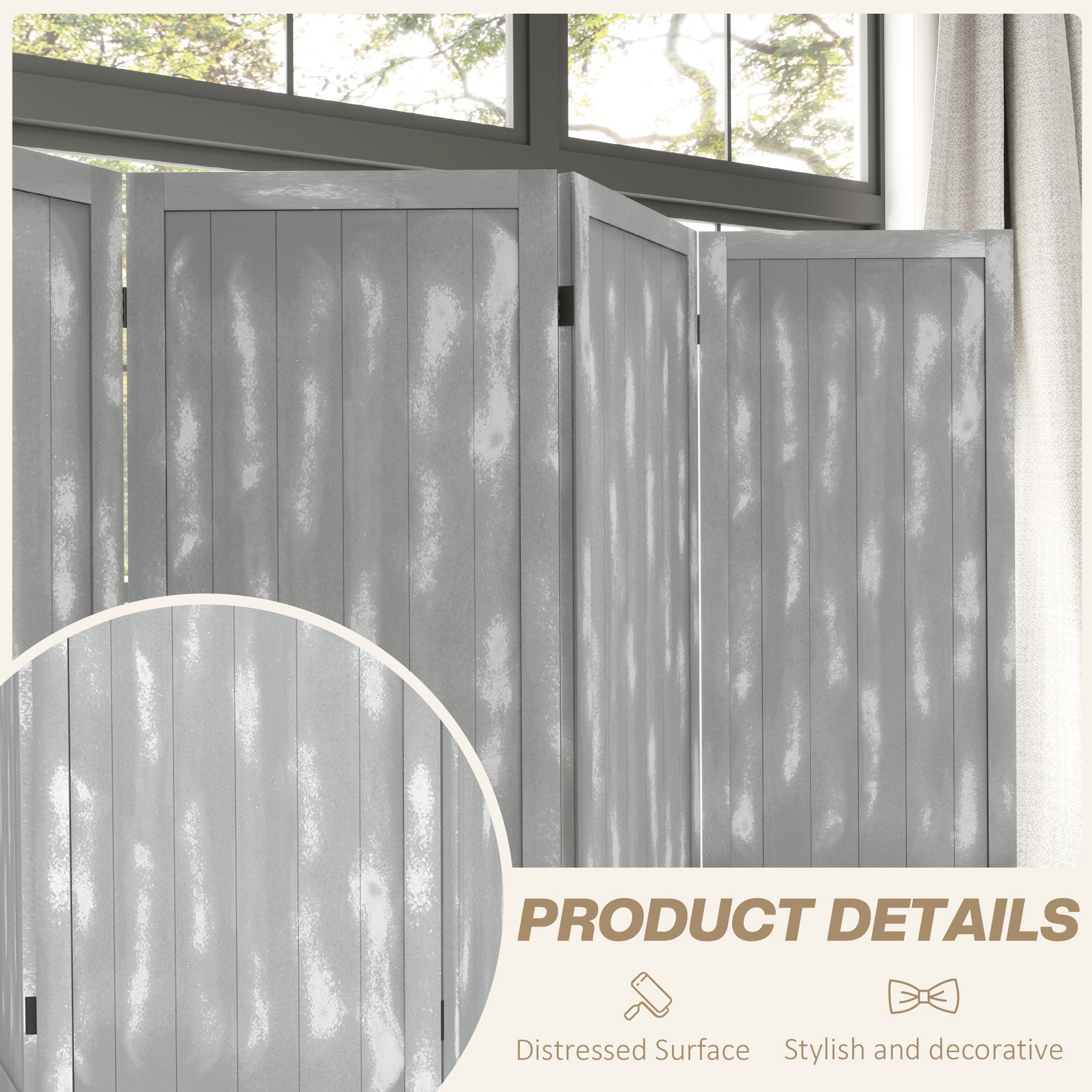 HOMCOM 5.6 FT. Tall 4-Panel Room Divider, Rustic White Panel Freestanding Folding Privacy Screen Panels, Partition Wall Divider for Indoor Bedroom Office, Grey