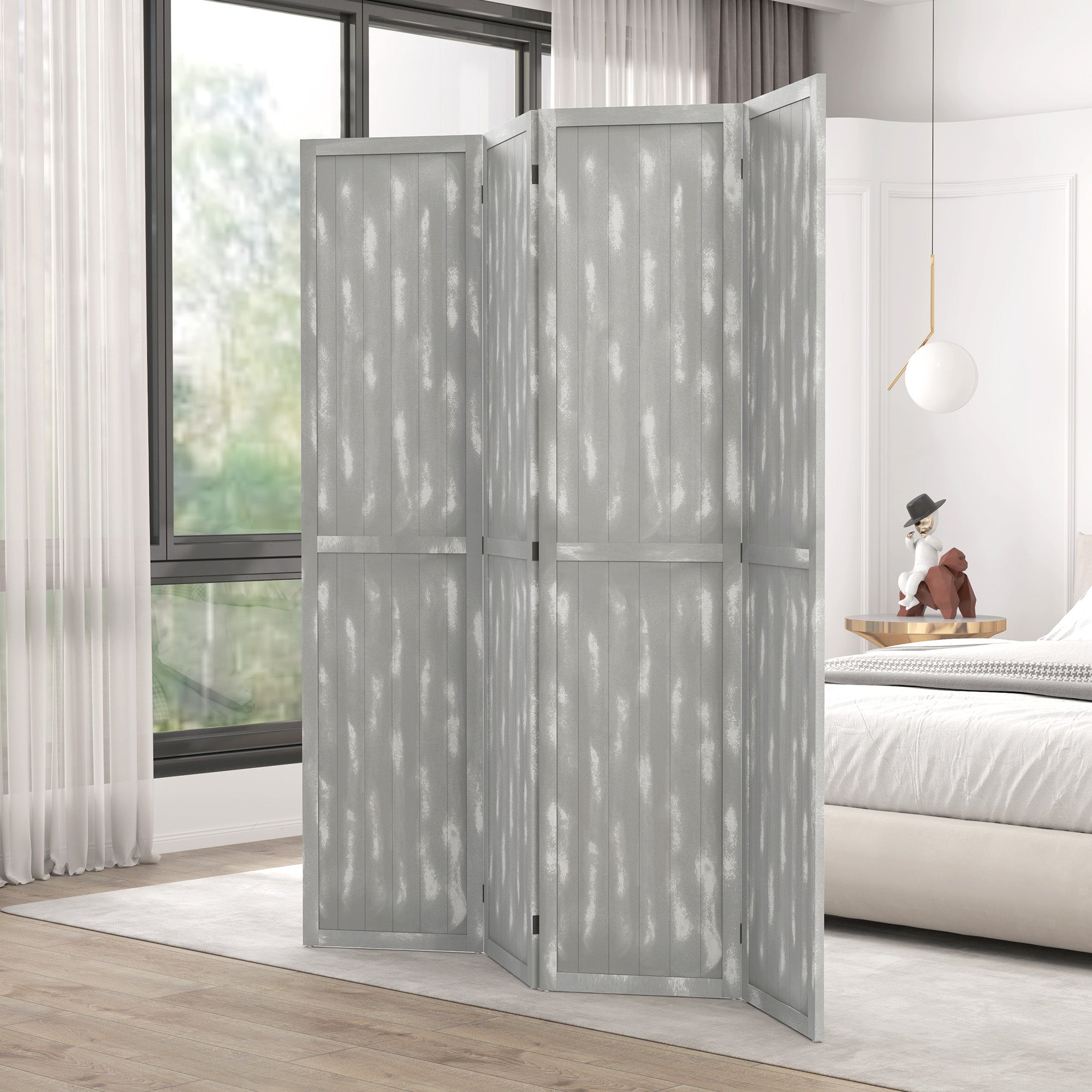 HOMCOM 5.6 FT. Tall 4-Panel Room Divider, Rustic White Panel Freestanding Folding Privacy Screen Panels, Partition Wall Divider for Indoor Bedroom Office, Grey