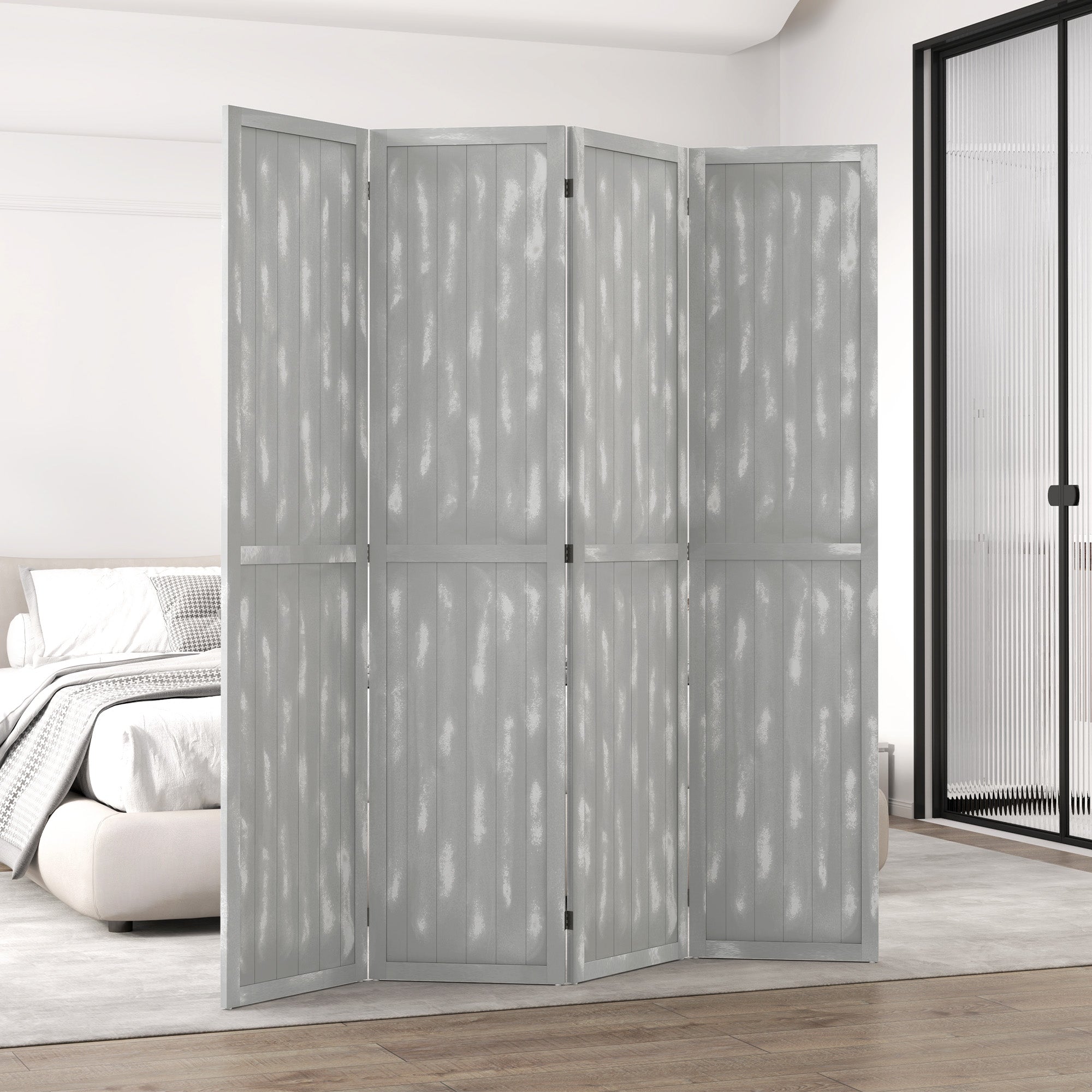 HOMCOM 5.6 FT. Tall 4-Panel Room Divider, Rustic White Panel Freestanding Folding Privacy Screen Panels, Partition Wall Divider for Indoor Bedroom Office, Grey