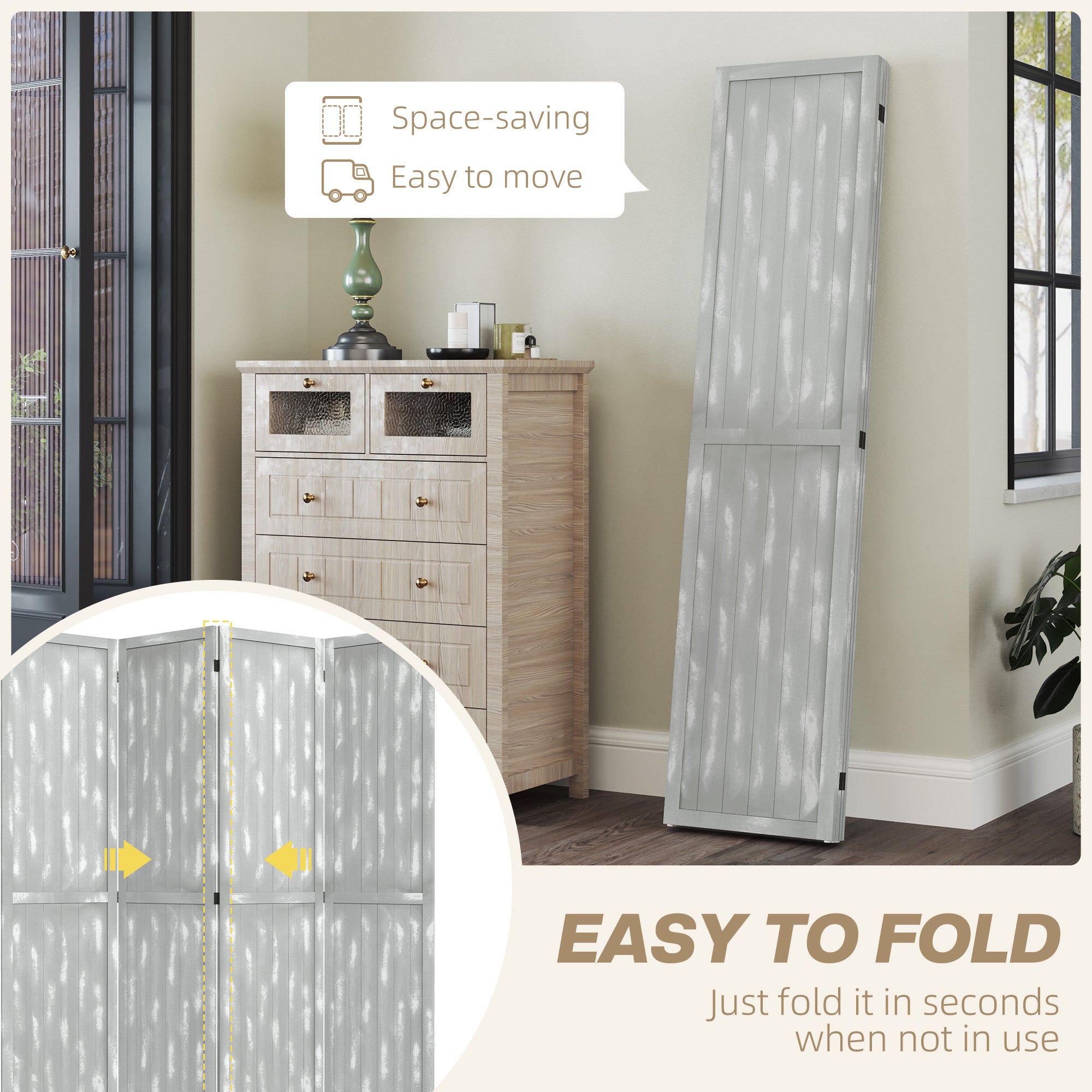 HOMCOM 5.6 FT. Tall 4-Panel Room Divider, Rustic White Panel Freestanding Folding Privacy Screen Panels, Partition Wall Divider for Indoor Bedroom Office, Grey