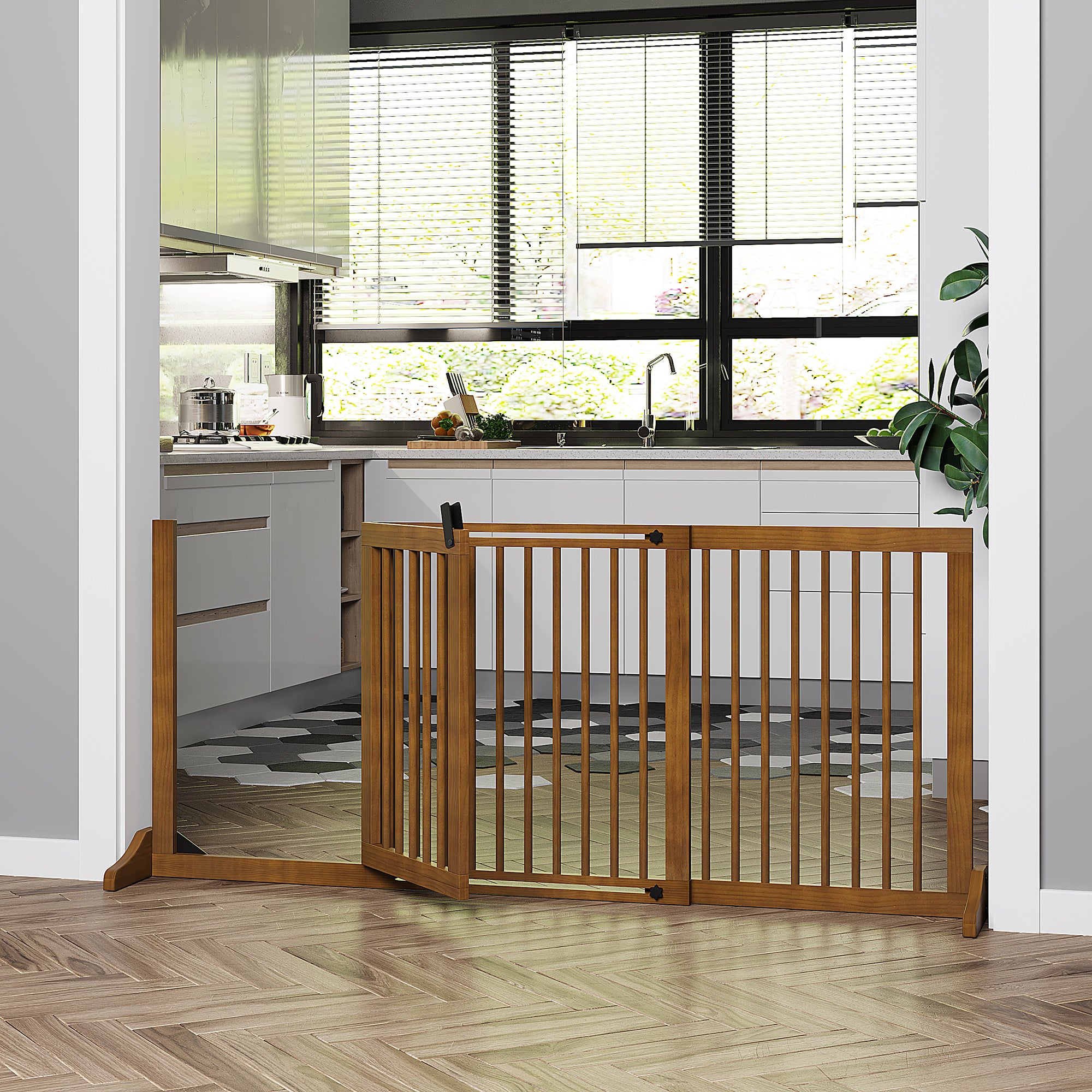 PawHut Adjustable Wooden Pet Gate Freestanding Dog Barrier Fence Doorway 3 Panels Safety Gate w/ Lockable Door Brown 71H x 113-166W cm