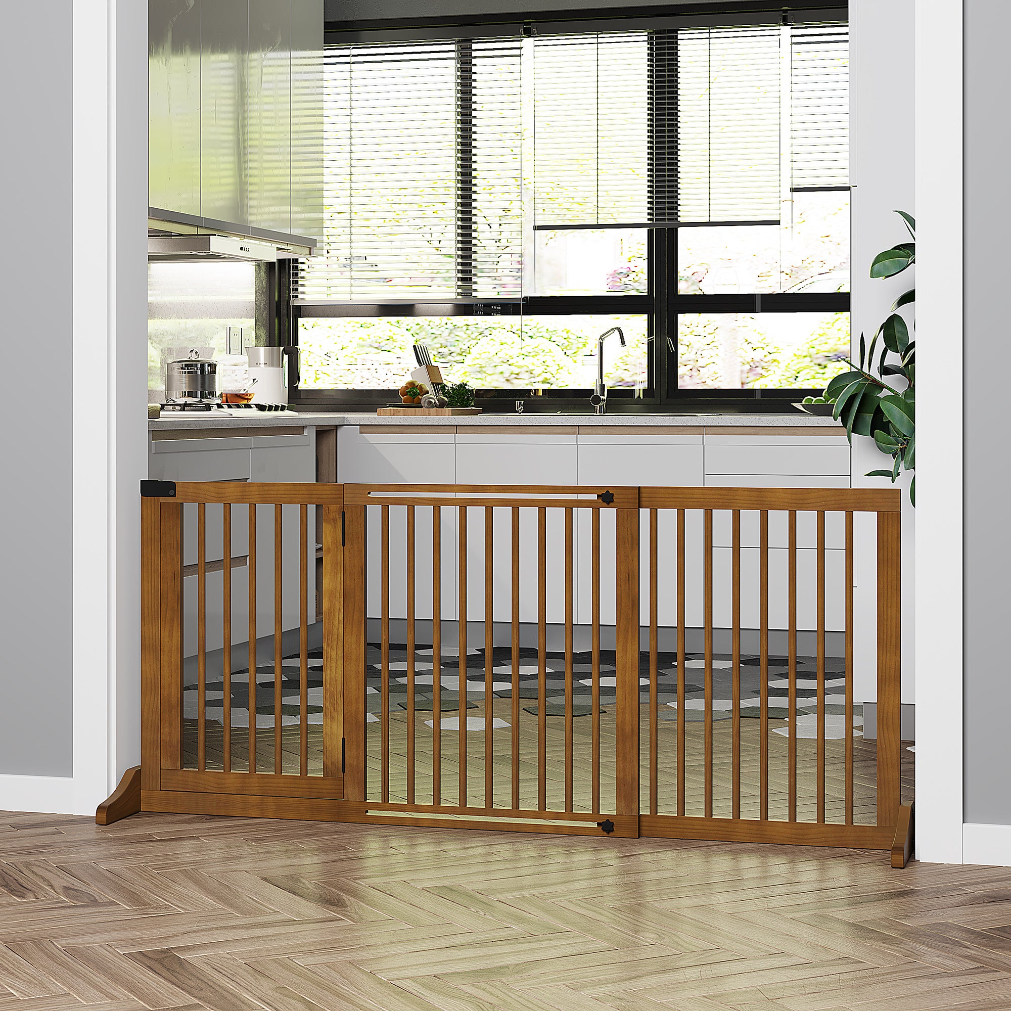 PawHut Adjustable Wooden Pet Gate Freestanding Dog Barrier Fence Doorway 3 Panels Safety Gate w/ Lockable Door Brown 71H x 113-166W cm