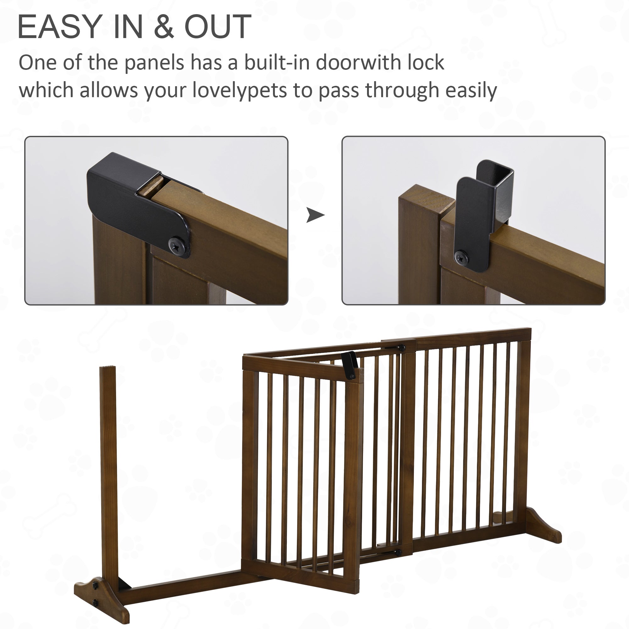 PawHut Adjustable Wooden Pet Gate Freestanding Dog Barrier Fence Doorway 3 Panels Safety Gate w/ Lockable Door Brown 71H x 113-166W cm