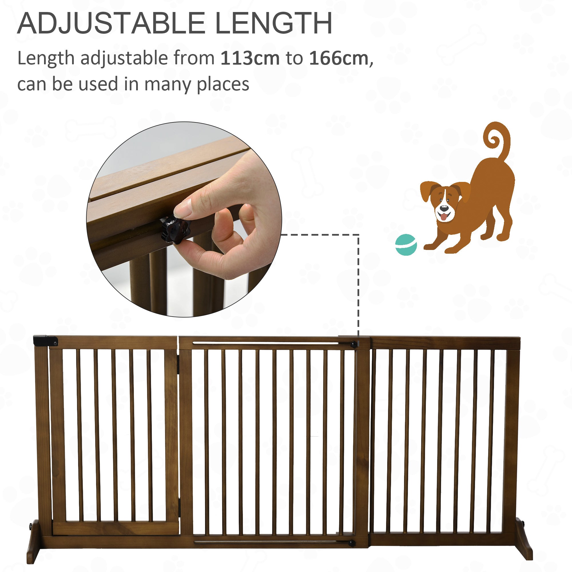 PawHut Adjustable Wooden Pet Gate Freestanding Dog Barrier Fence Doorway 3 Panels Safety Gate w/ Lockable Door Brown 71H x 113-166W cm