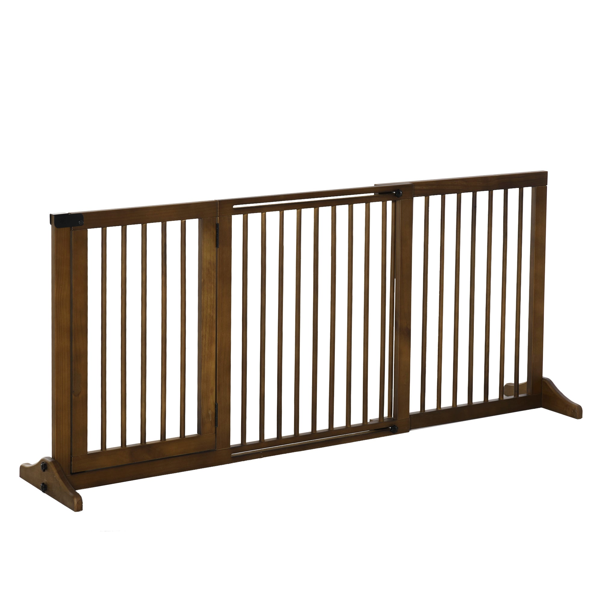 PawHut Adjustable Wooden Pet Gate Freestanding Dog Barrier Fence Doorway 3 Panels Safety Gate w/ Lockable Door Brown 71H x 113-166W cm