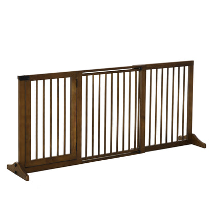 PawHut Adjustable Wooden Pet Gate Freestanding Dog Barrier Fence Doorway 3 Panels Safety Gate w/ Lockable Door Brown 71H x 113-166W cm