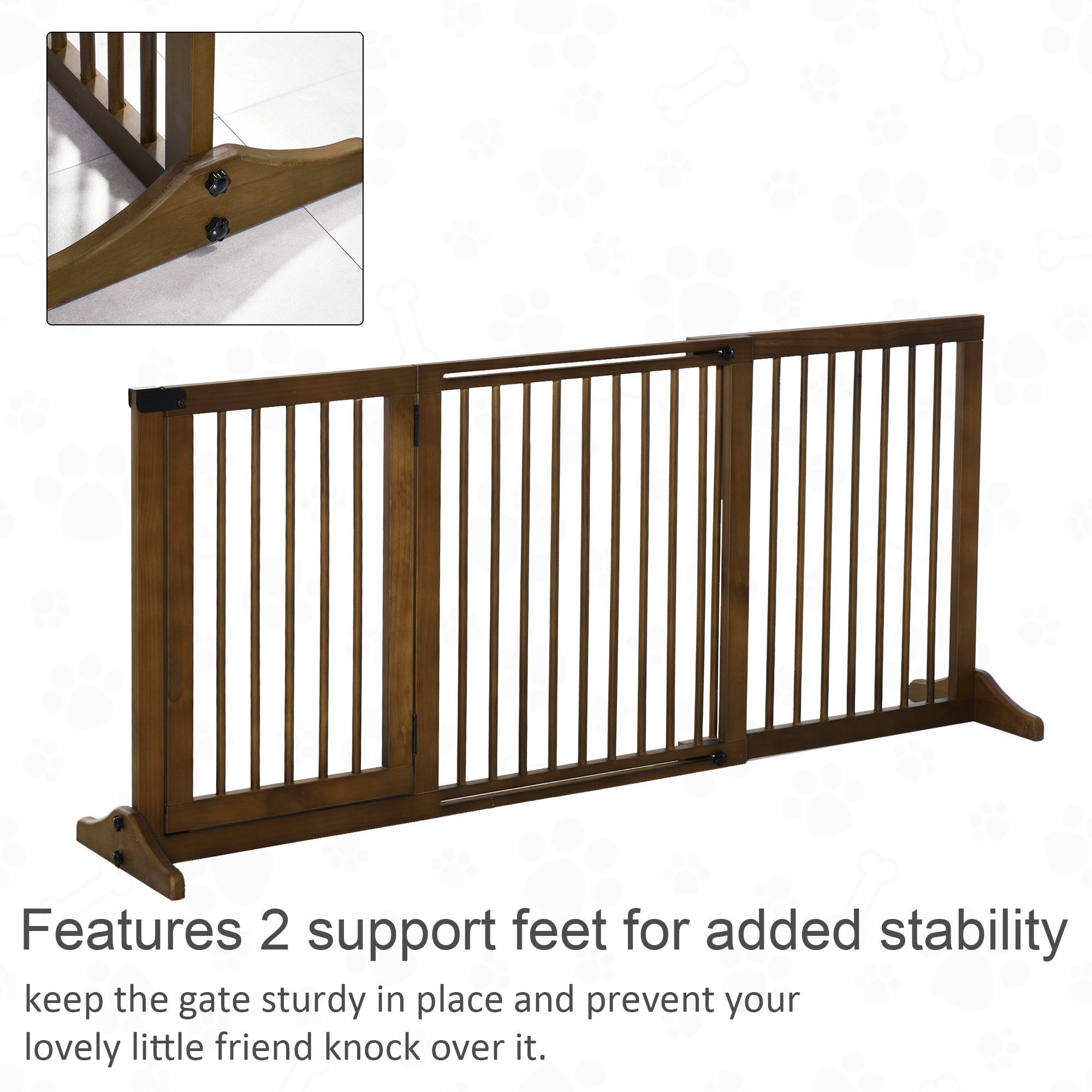 PawHut Adjustable Wooden Pet Gate Freestanding Dog Barrier Fence Doorway 3 Panels Safety Gate w/ Lockable Door Brown 71H x 113-166W cm