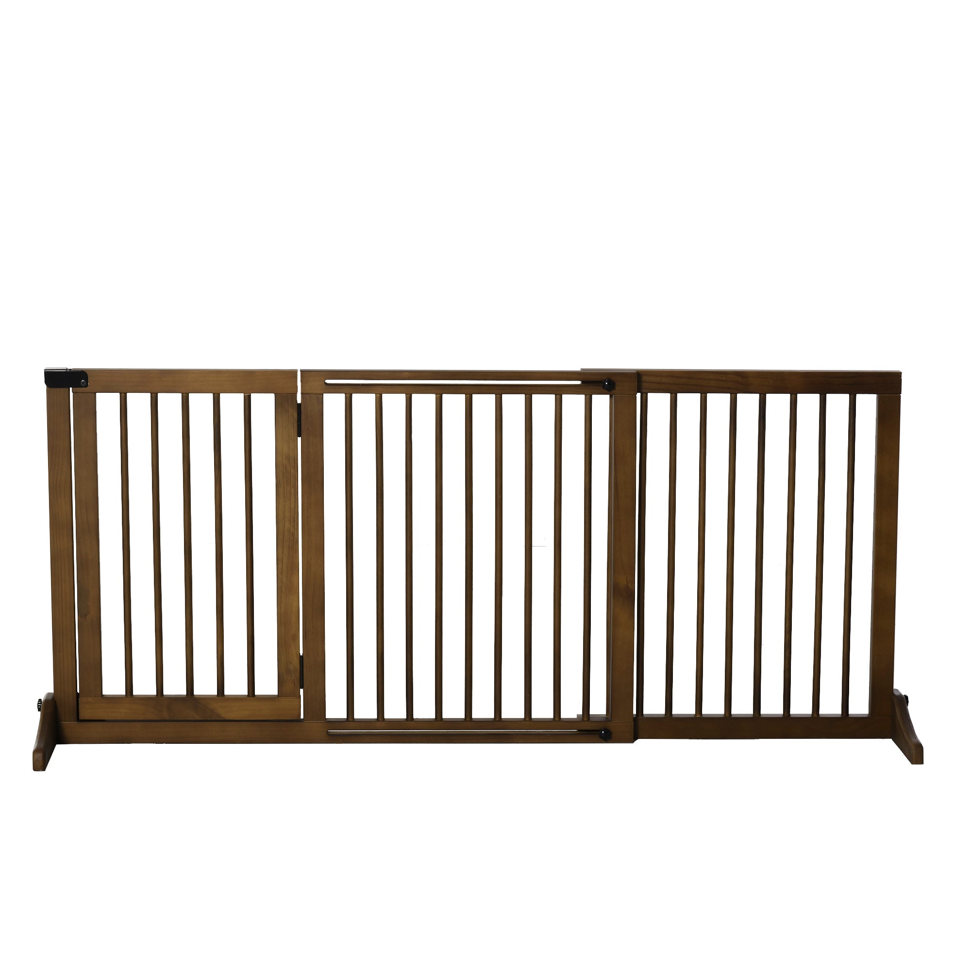 PawHut Adjustable Wooden Pet Gate Freestanding Dog Barrier Fence Doorway 3 Panels Safety Gate w/ Lockable Door Brown 71H x 113-166W cm
