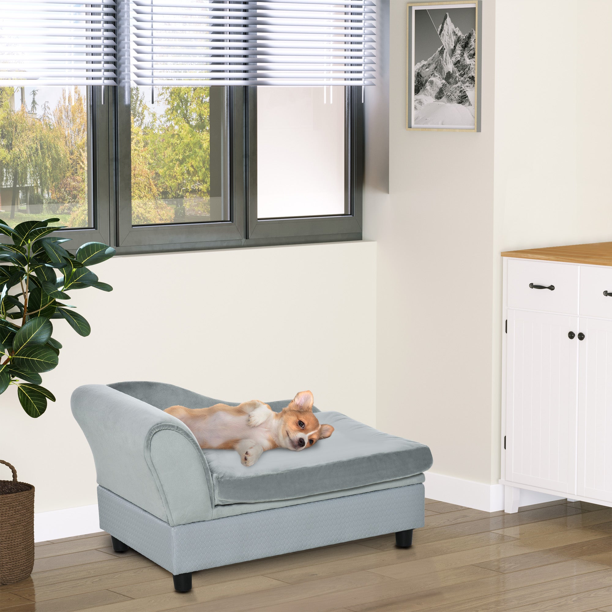 PawHut Dog Sofa with Storage, Pet Chair for Small Dogs, Cat Couch with Soft Cushion, Light Grey, 76 x 45 x 43 cm