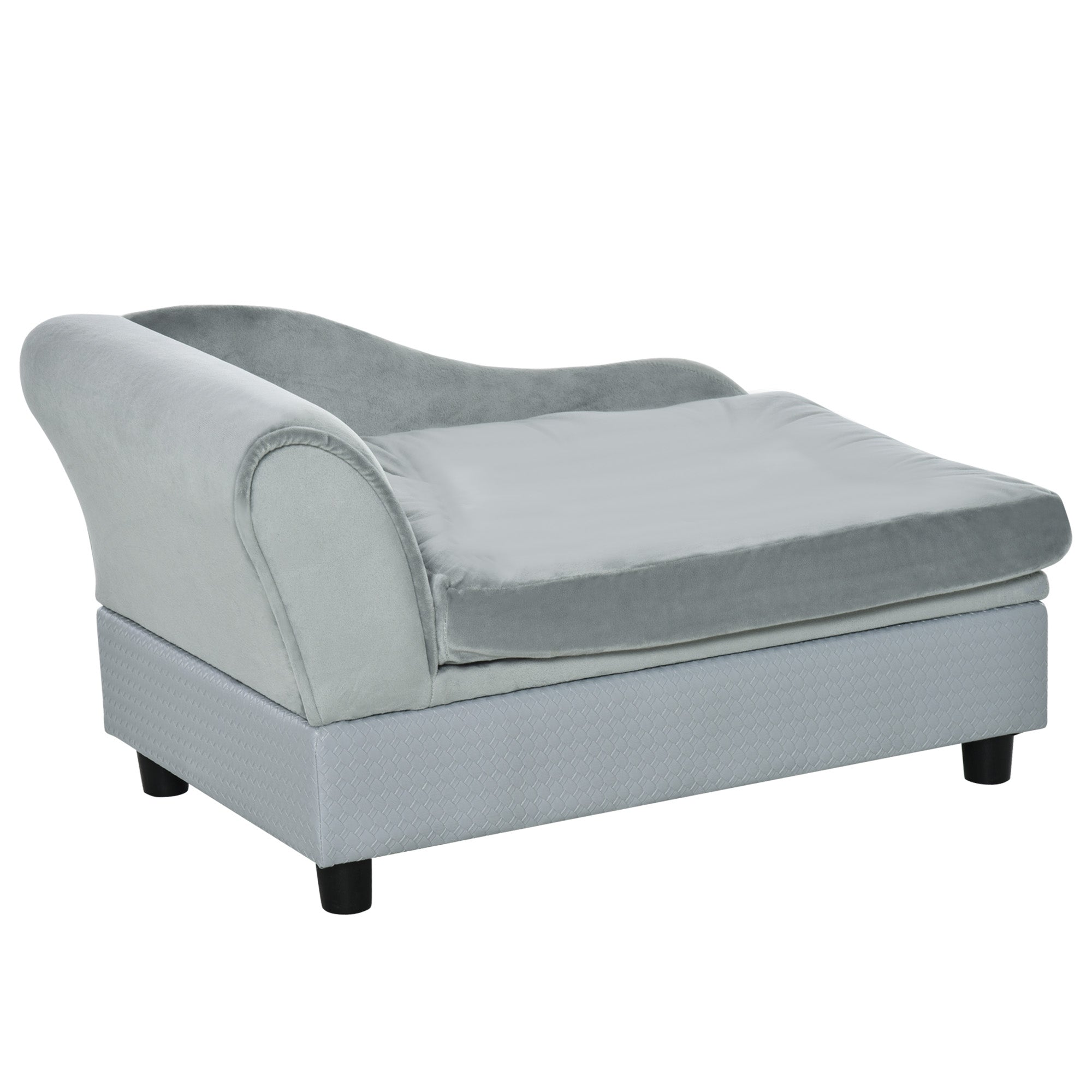 PawHut Dog Sofa with Storage, Pet Chair for Small Dogs, Cat Couch with Soft Cushion, Light Grey, 76 x 45 x 43 cm