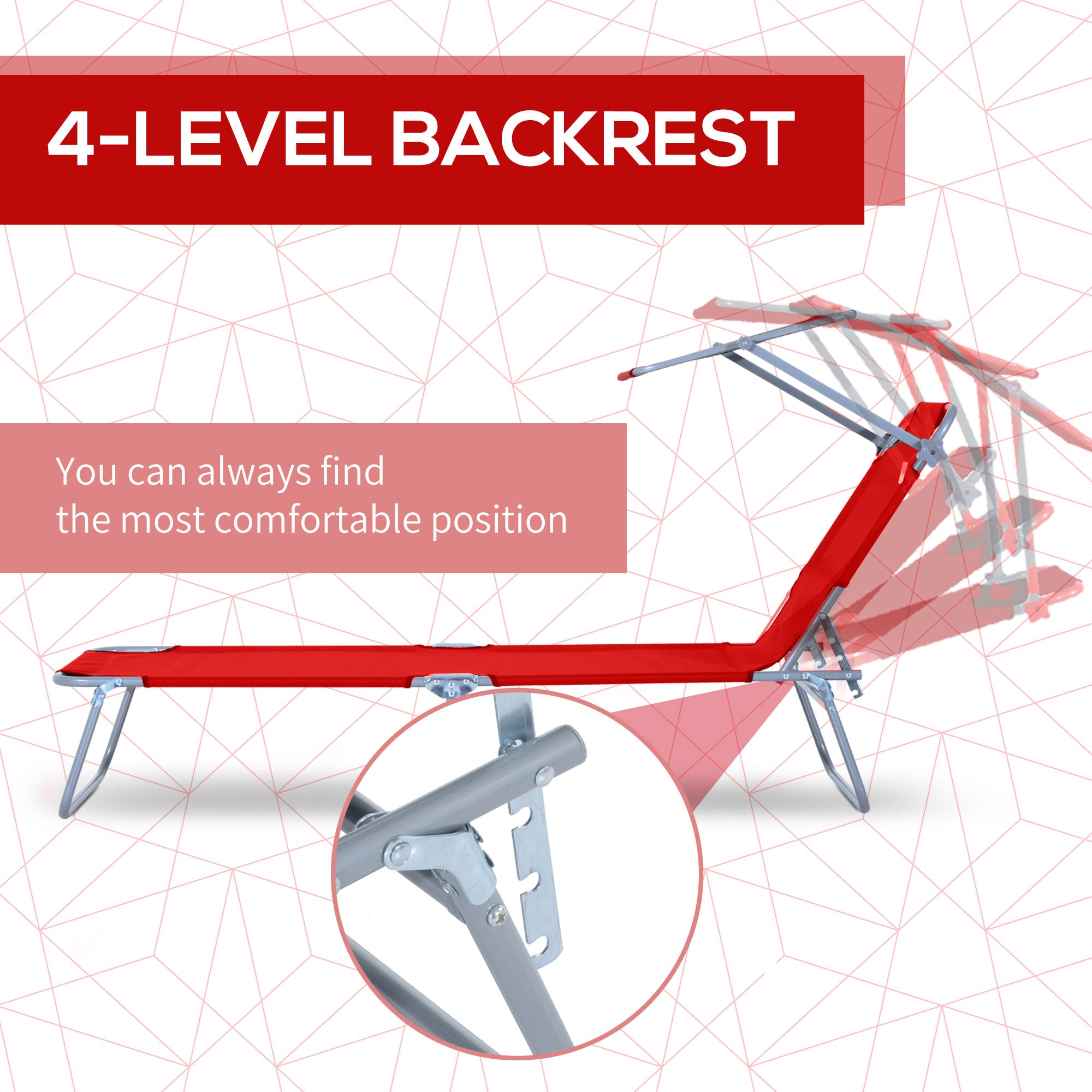 Outsunny Outdoor Lounge Chair, Adjustable Folding Chaise Lounge, Tanning Chair with Sun Shade for Beach, Camping, Hiking, Backyard, Red