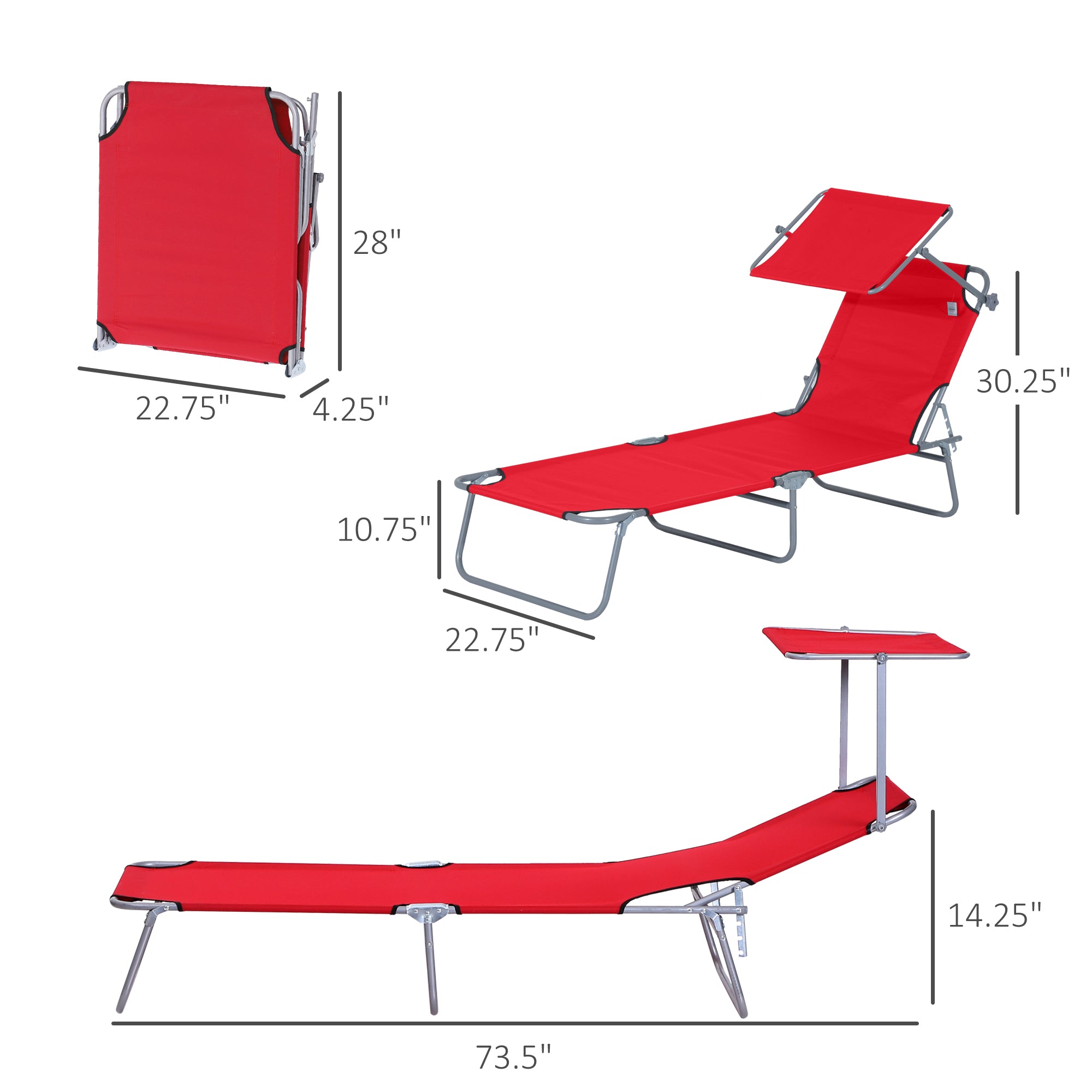 Outsunny Outdoor Lounge Chair, Adjustable Folding Chaise Lounge, Tanning Chair with Sun Shade for Beach, Camping, Hiking, Backyard, Red