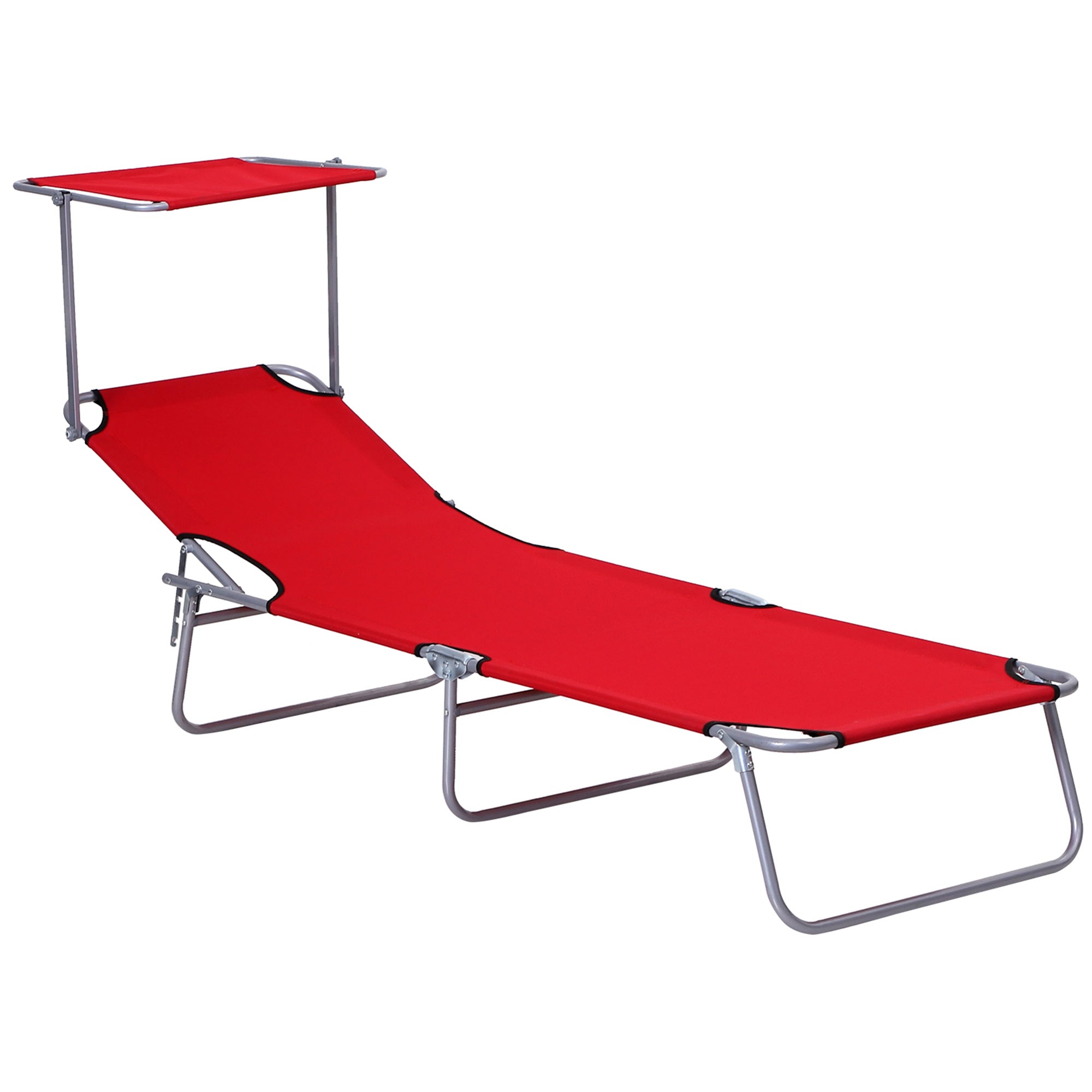 Outsunny Outdoor Lounge Chair, Adjustable Folding Chaise Lounge, Tanning Chair with Sun Shade for Beach, Camping, Hiking, Backyard, Red