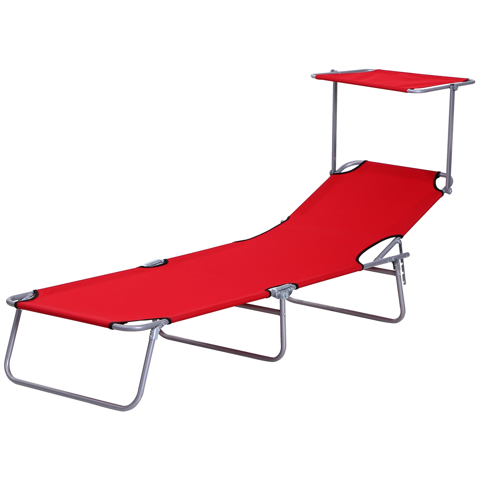 Outsunny Outdoor Lounge Chair, Adjustable Folding Chaise Lounge, Tanning Chair with Sun Shade for Beach, Camping, Hiking, Backyard, Red