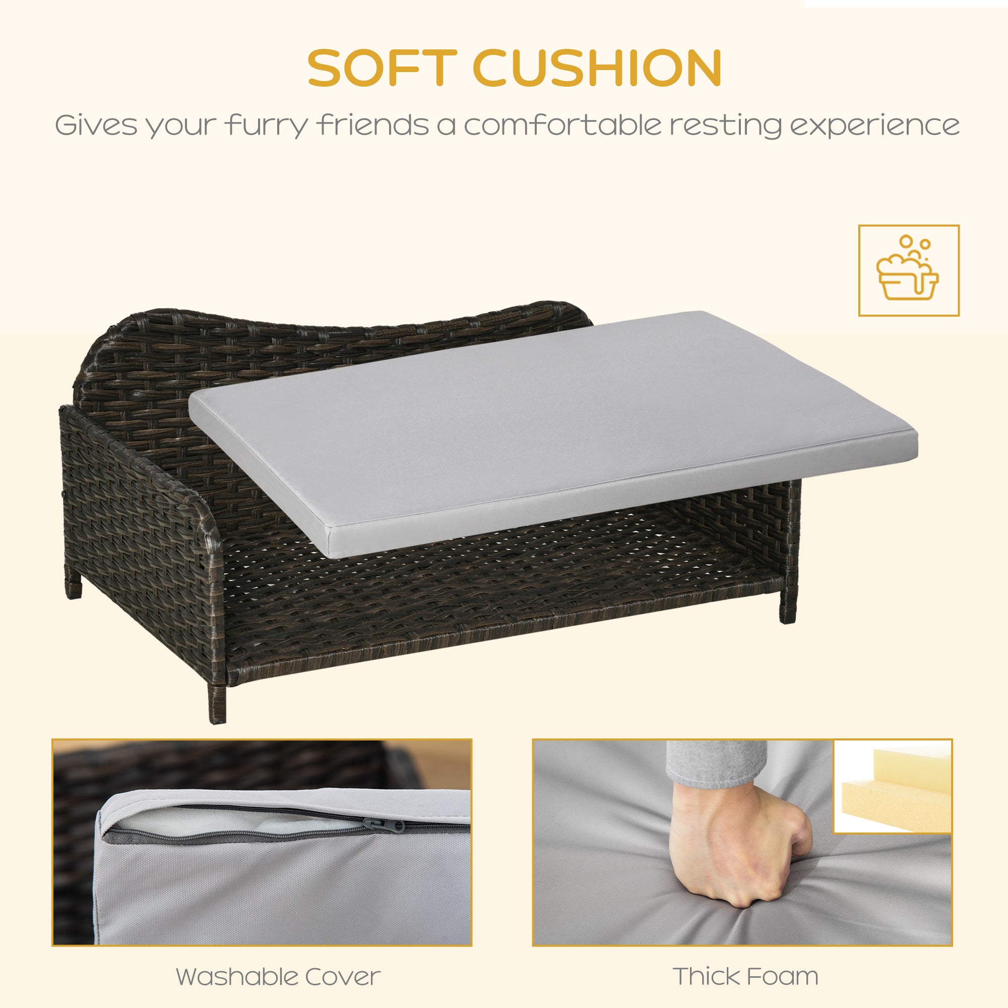 PawHut Rattan Pet Sofa for Large & Medium Dogs, Indoor & Outdoor Raised Wicker Dog Bed, Cat Couch, with Soft Washable Cushion, Charcoal Grey