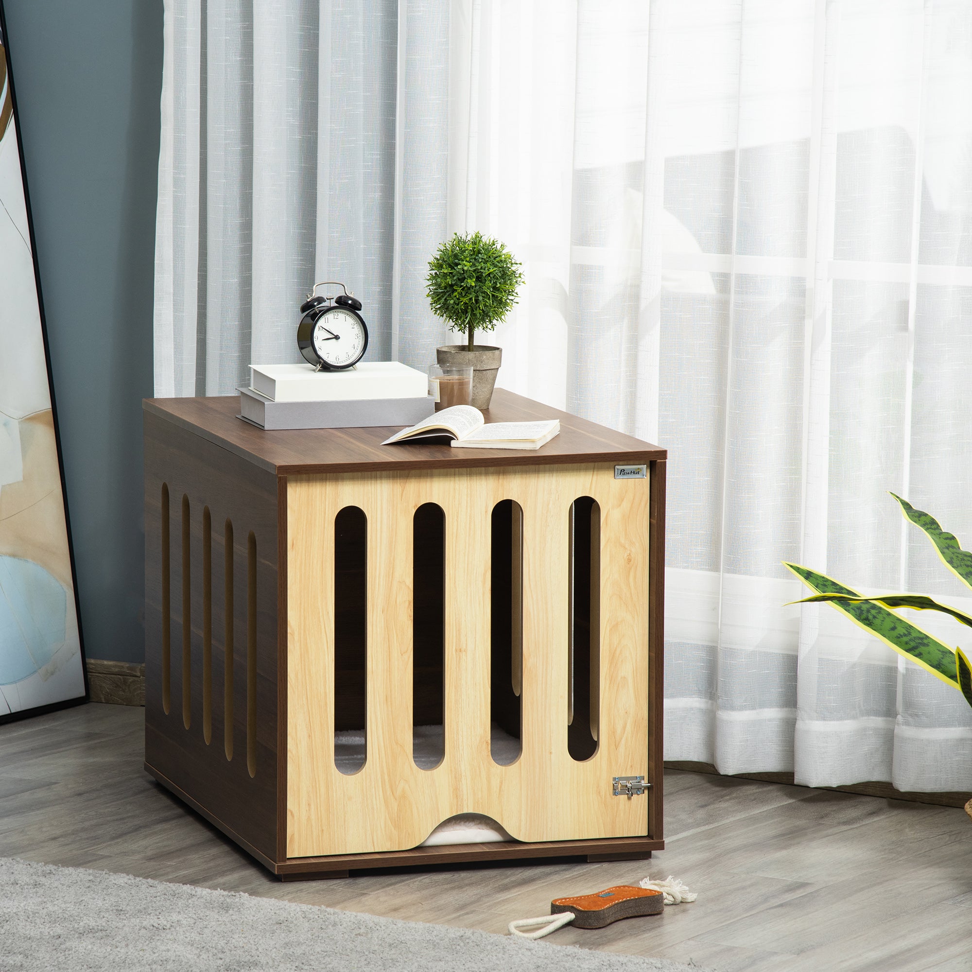 PawHut Furniture Style Dog Crate End Table with Removable Door Panel, Dog Crate Bed with Foam Cushion, Safety Lock, Indoor Use, for Small & Medium Dogs, Brown