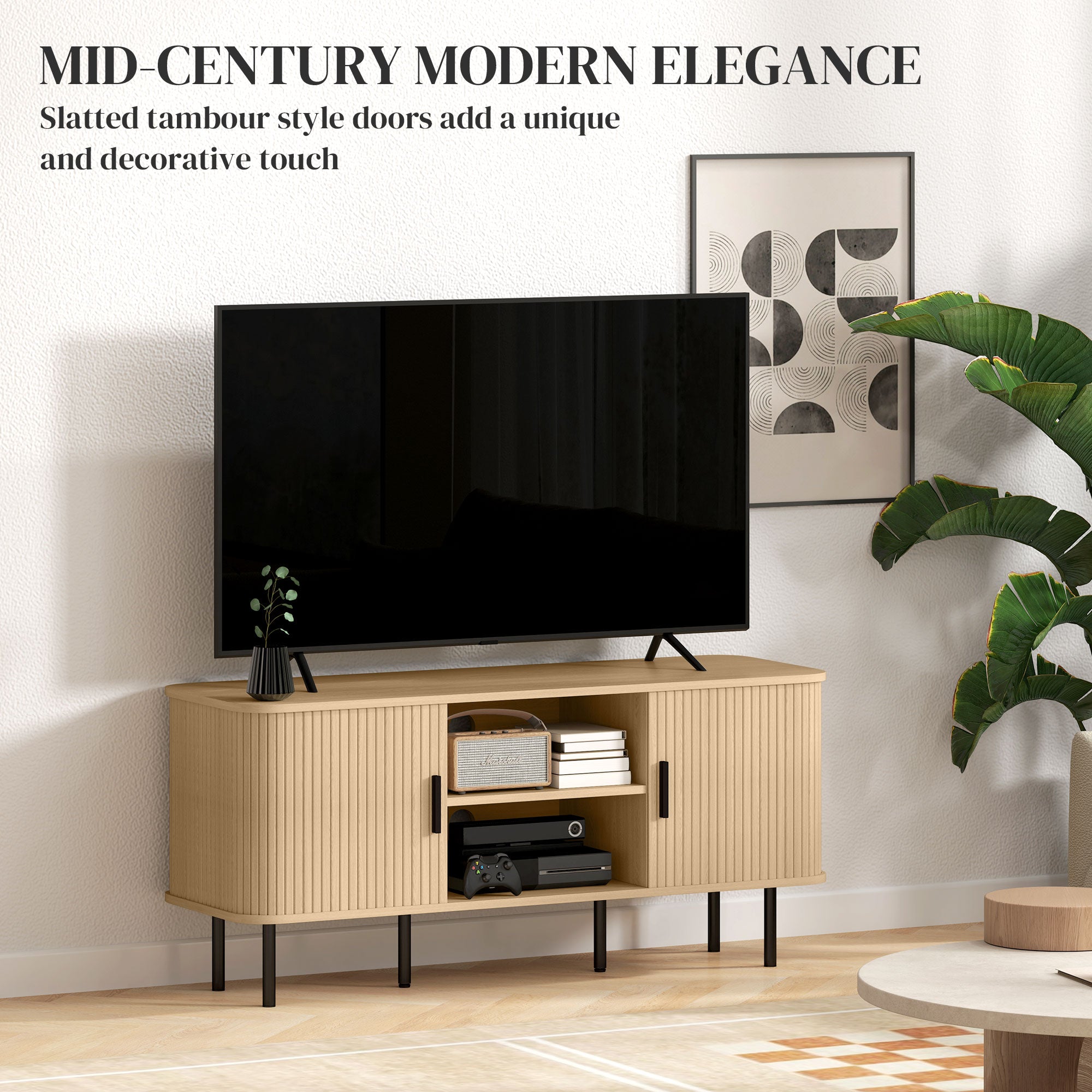 HOMCOM TV Table Stand for TVs up to 55 Inches, TV stand with storage Shelves and Cabinets for Living Room, Oak Tone