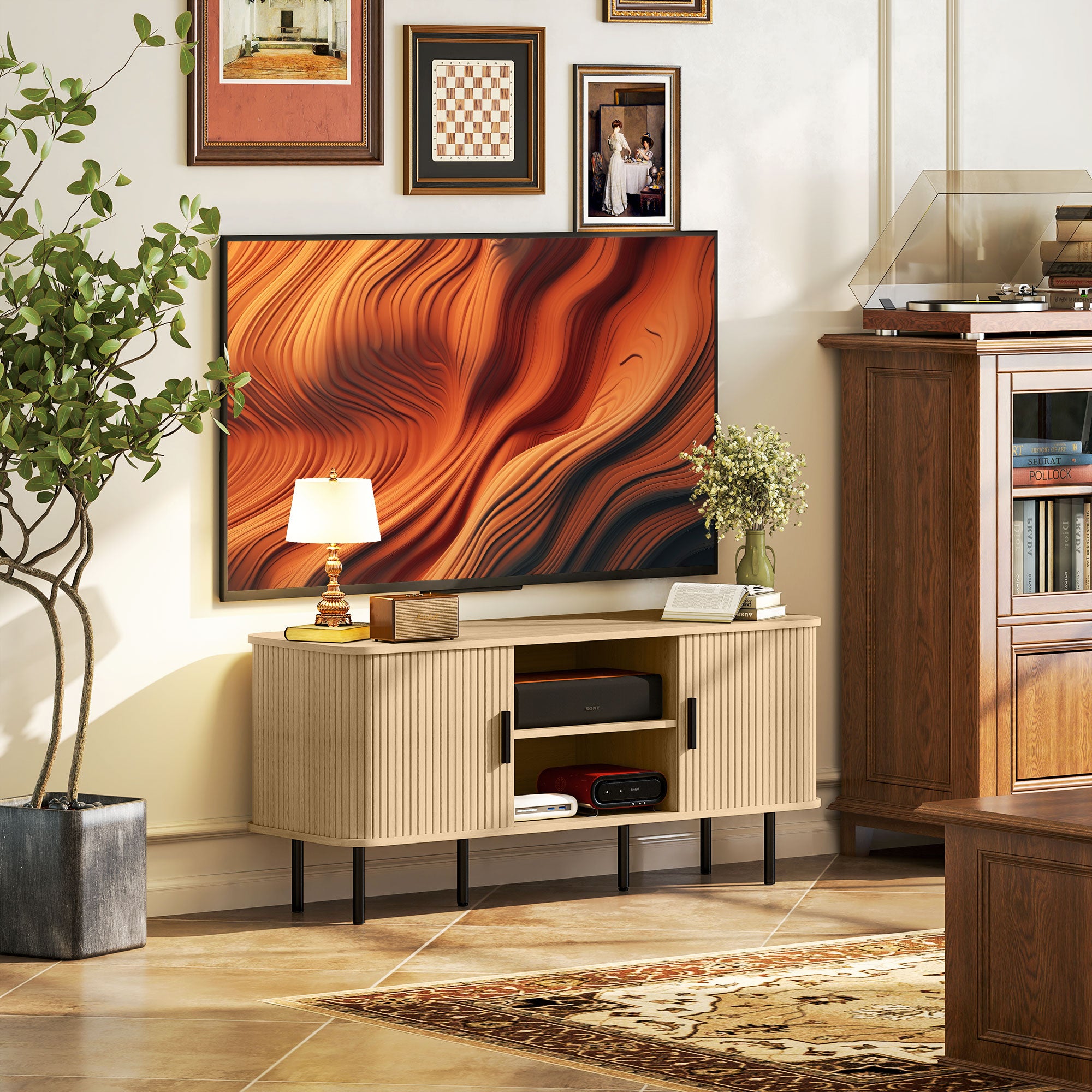 HOMCOM TV Table Stand for TVs up to 55 Inches, TV stand with storage Shelves and Cabinets for Living Room, Oak Tone