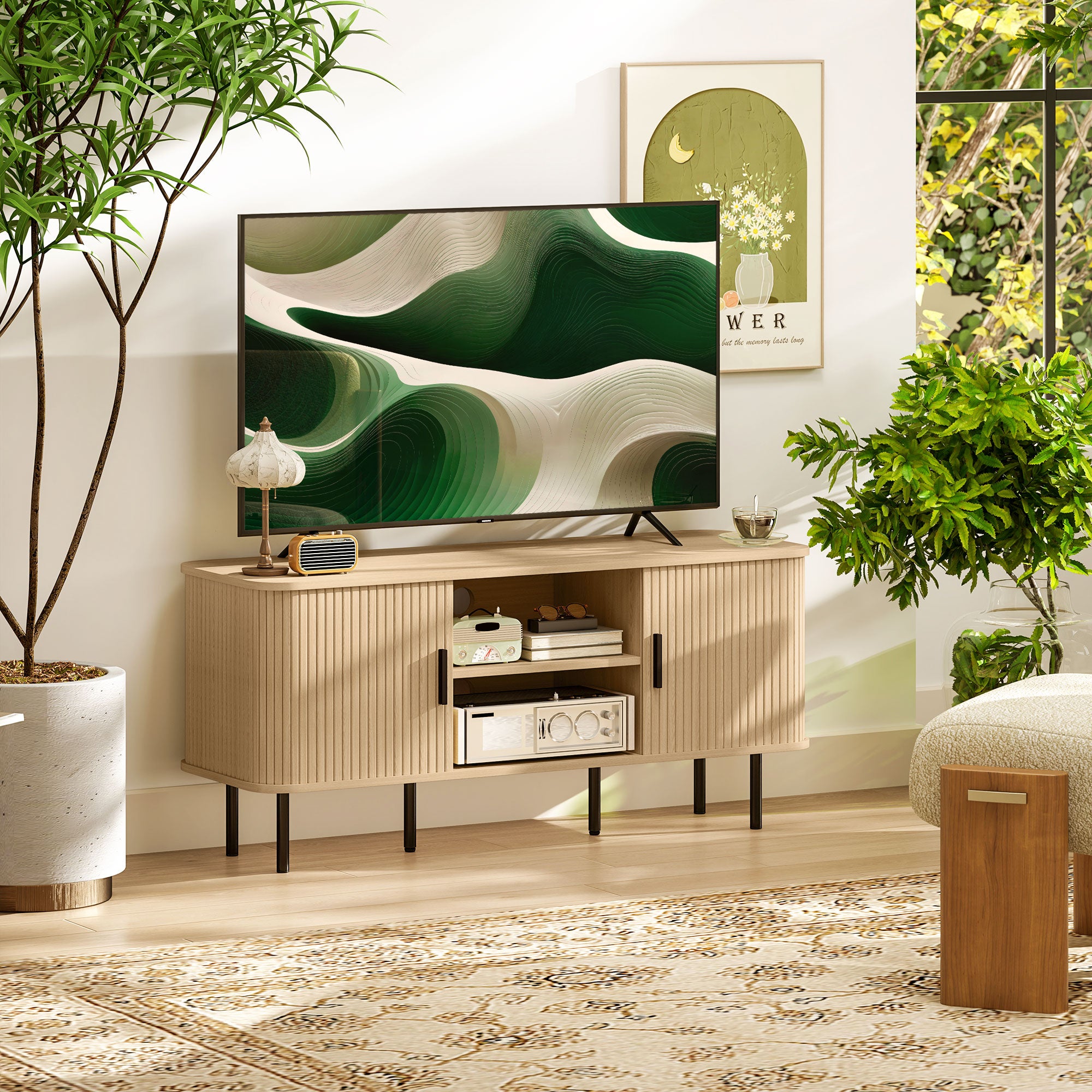 HOMCOM TV Table Stand for TVs up to 55 Inches, TV stand with storage Shelves and Cabinets for Living Room, Oak Tone