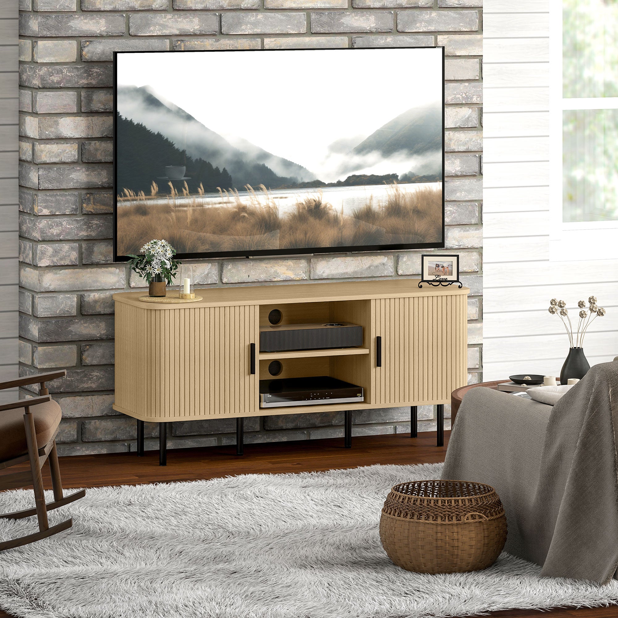 HOMCOM TV Table Stand for TVs up to 55 Inches, TV stand with storage Shelves and Cabinets for Living Room, Oak Tone