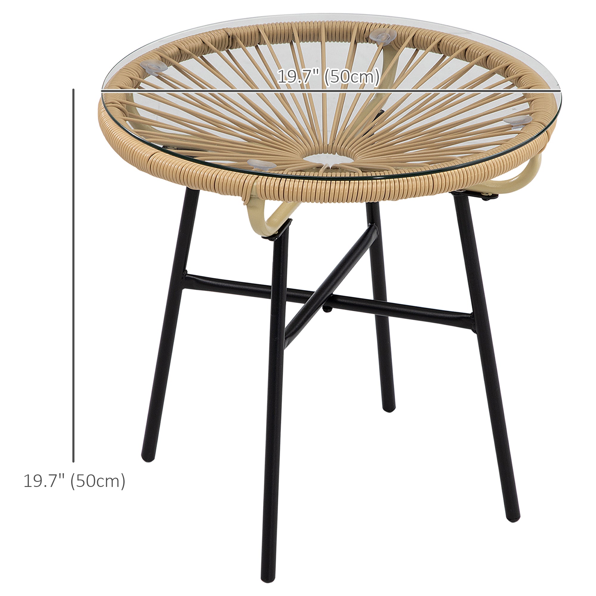 Outsunny Rattan Side Table, Outdoor Round Coffee Table, with Round PE Rattan and Tempered Glass Table Top for Patio, Garden, Balcony, Beige