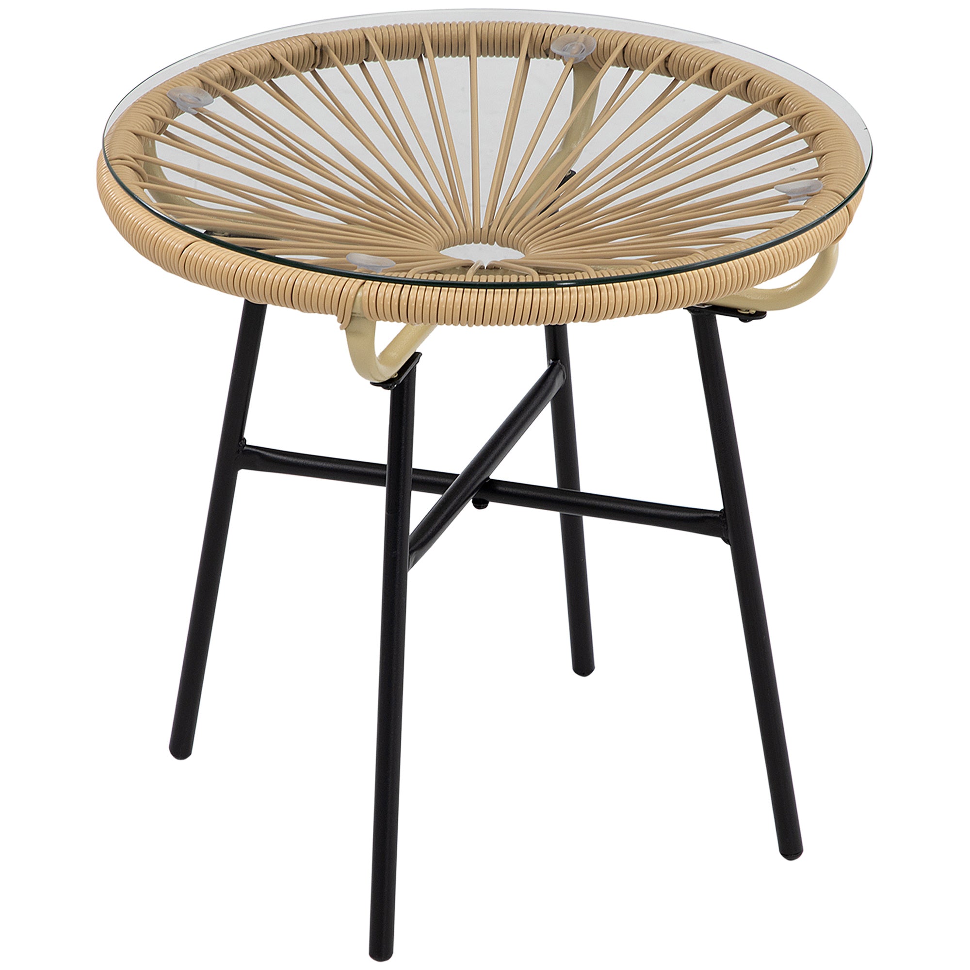 Outsunny Rattan Side Table, Outdoor Round Coffee Table, with Round PE Rattan and Tempered Glass Table Top for Patio, Garden, Balcony, Beige