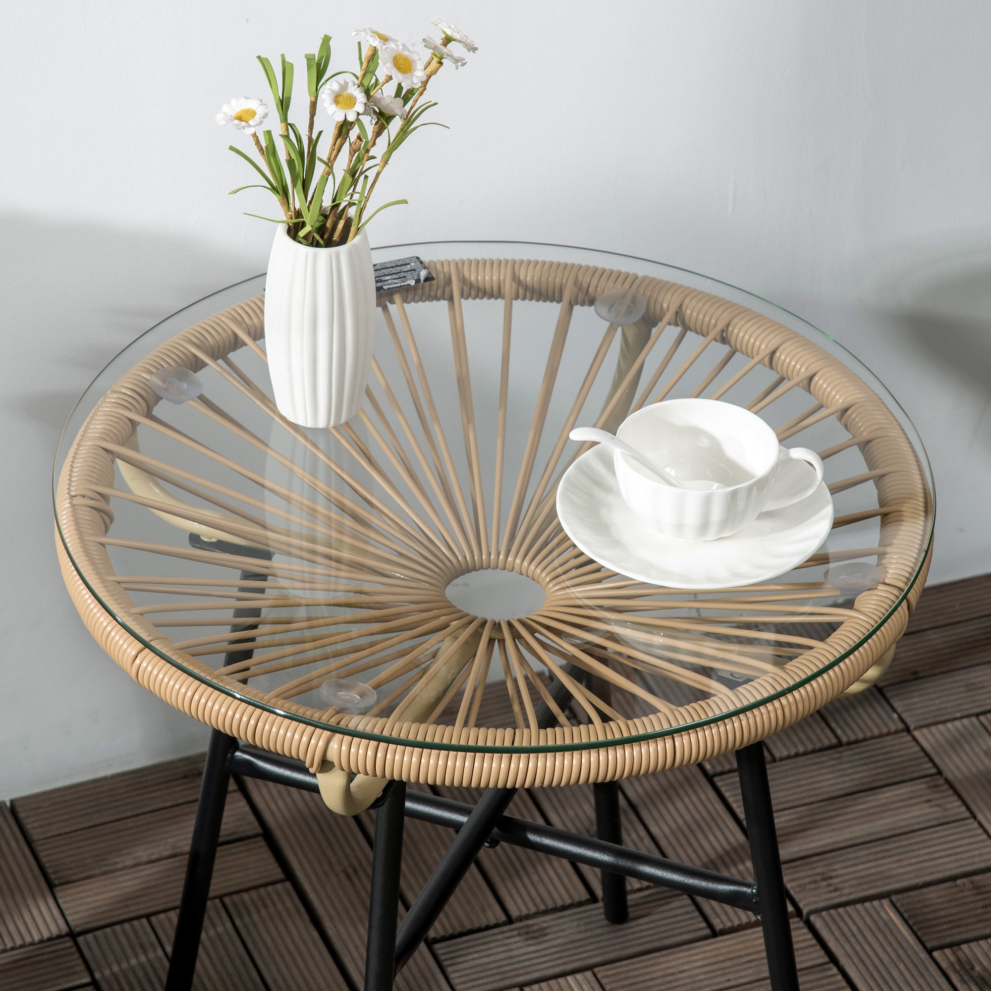 Outsunny Rattan Side Table, Outdoor Round Coffee Table, with Round PE Rattan and Tempered Glass Table Top for Patio, Garden, Balcony, Beige