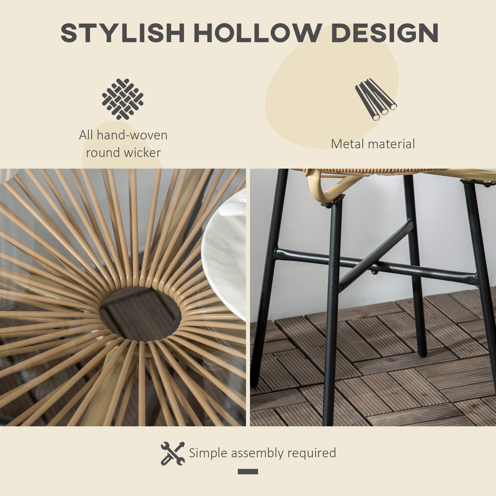 Outsunny Rattan Side Table, Outdoor Round Coffee Table, with Round PE Rattan and Tempered Glass Table Top for Patio, Garden, Balcony, Beige