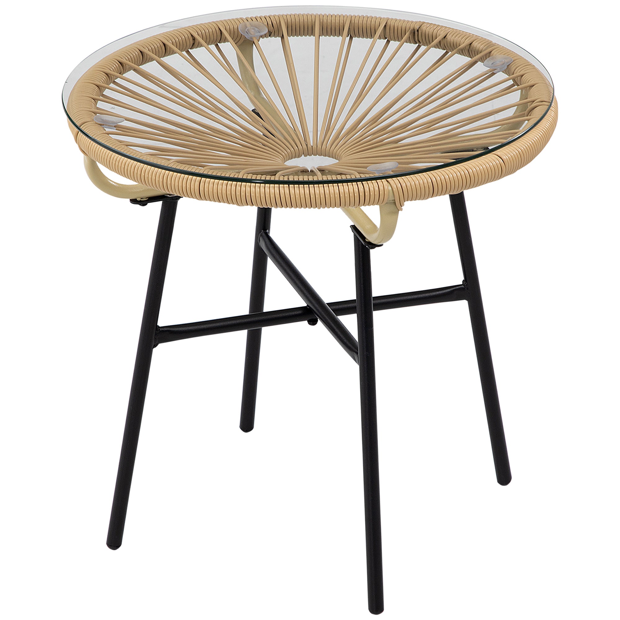 Outsunny Rattan Side Table, Outdoor Round Coffee Table, with Round PE Rattan and Tempered Glass Table Top for Patio, Garden, Balcony, Beige