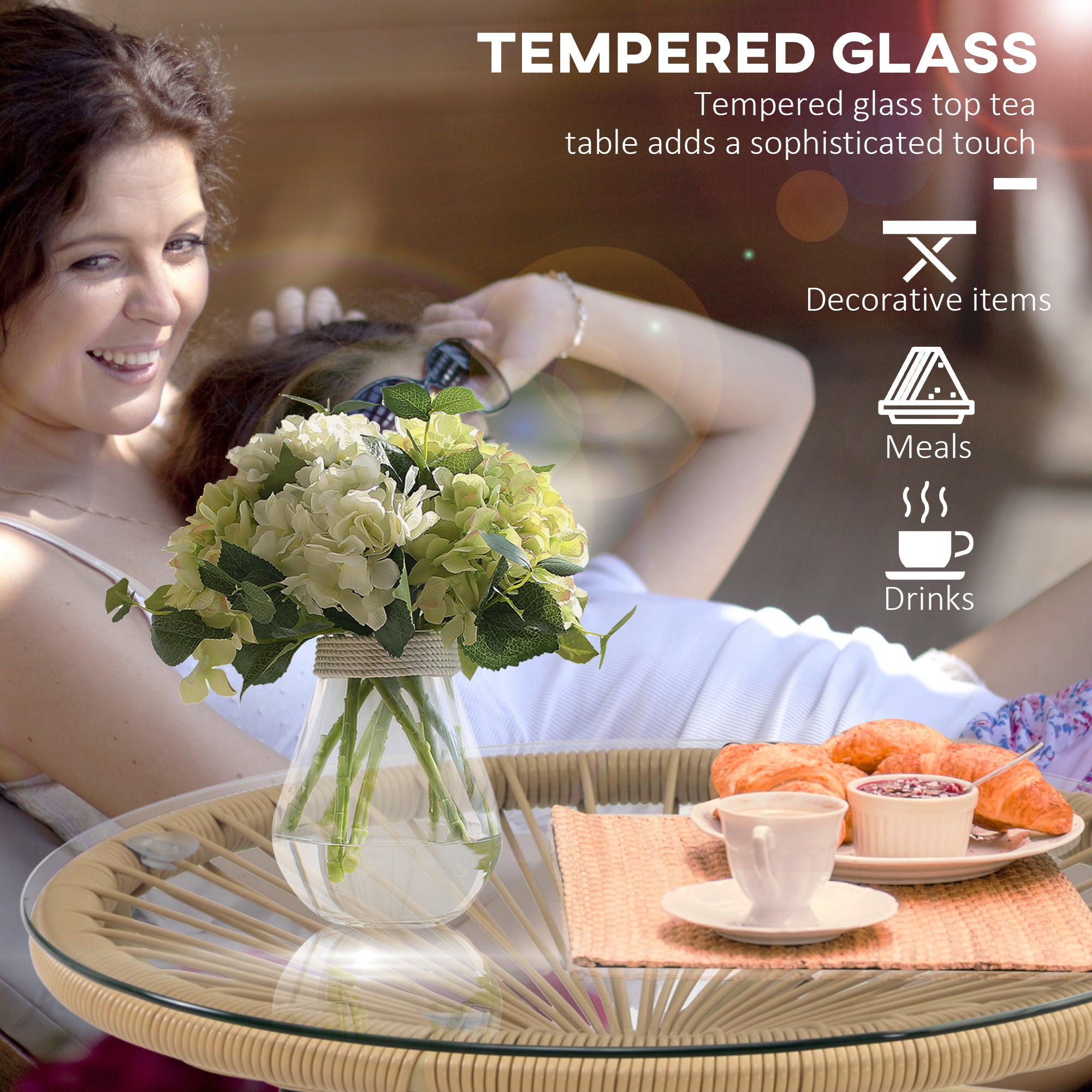 Outsunny Rattan Side Table, Outdoor Round Coffee Table, with Round PE Rattan and Tempered Glass Table Top for Patio, Garden, Balcony, Beige