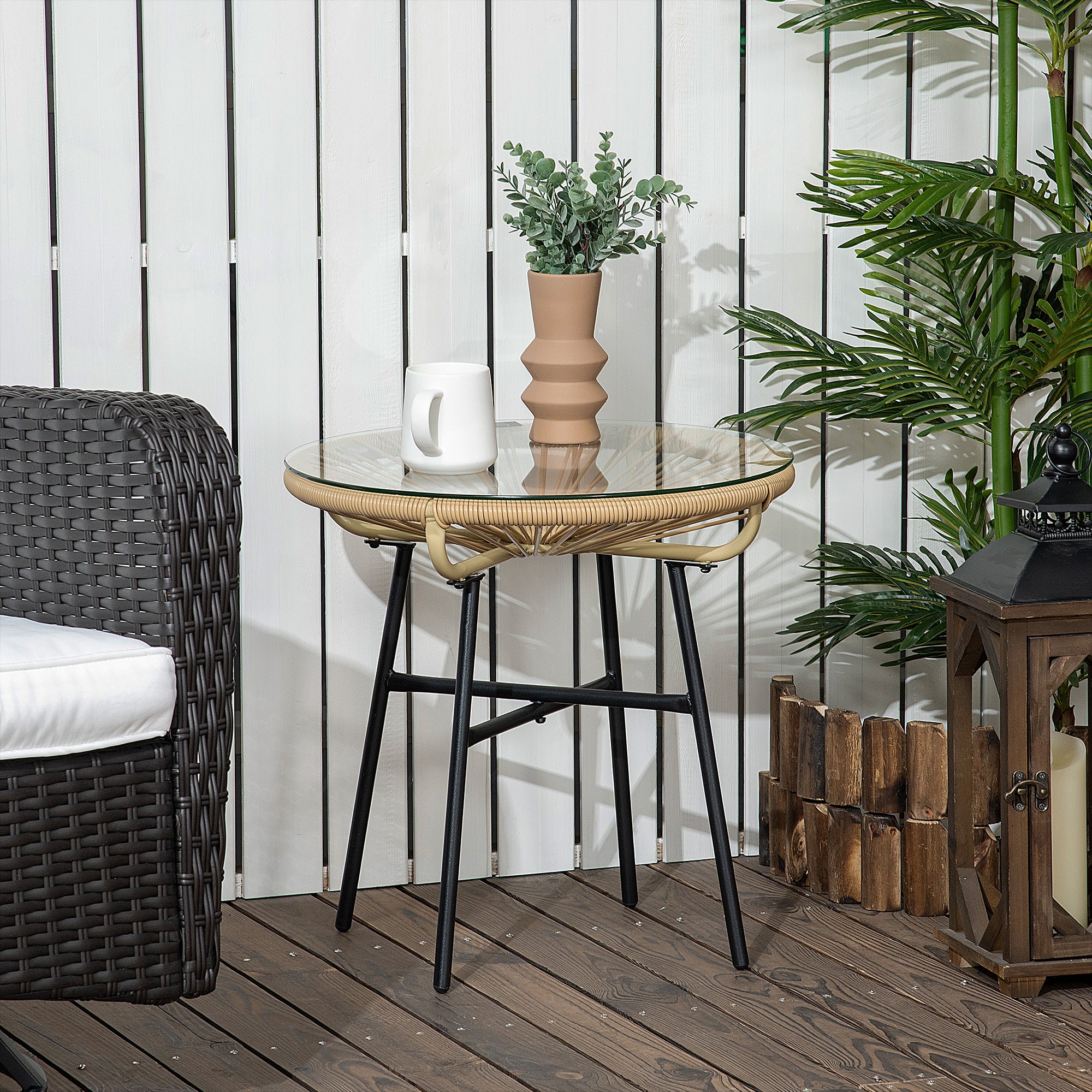 Outsunny Rattan Side Table, Outdoor Round Coffee Table, with Round PE Rattan and Tempered Glass Table Top for Patio, Garden, Balcony, Beige