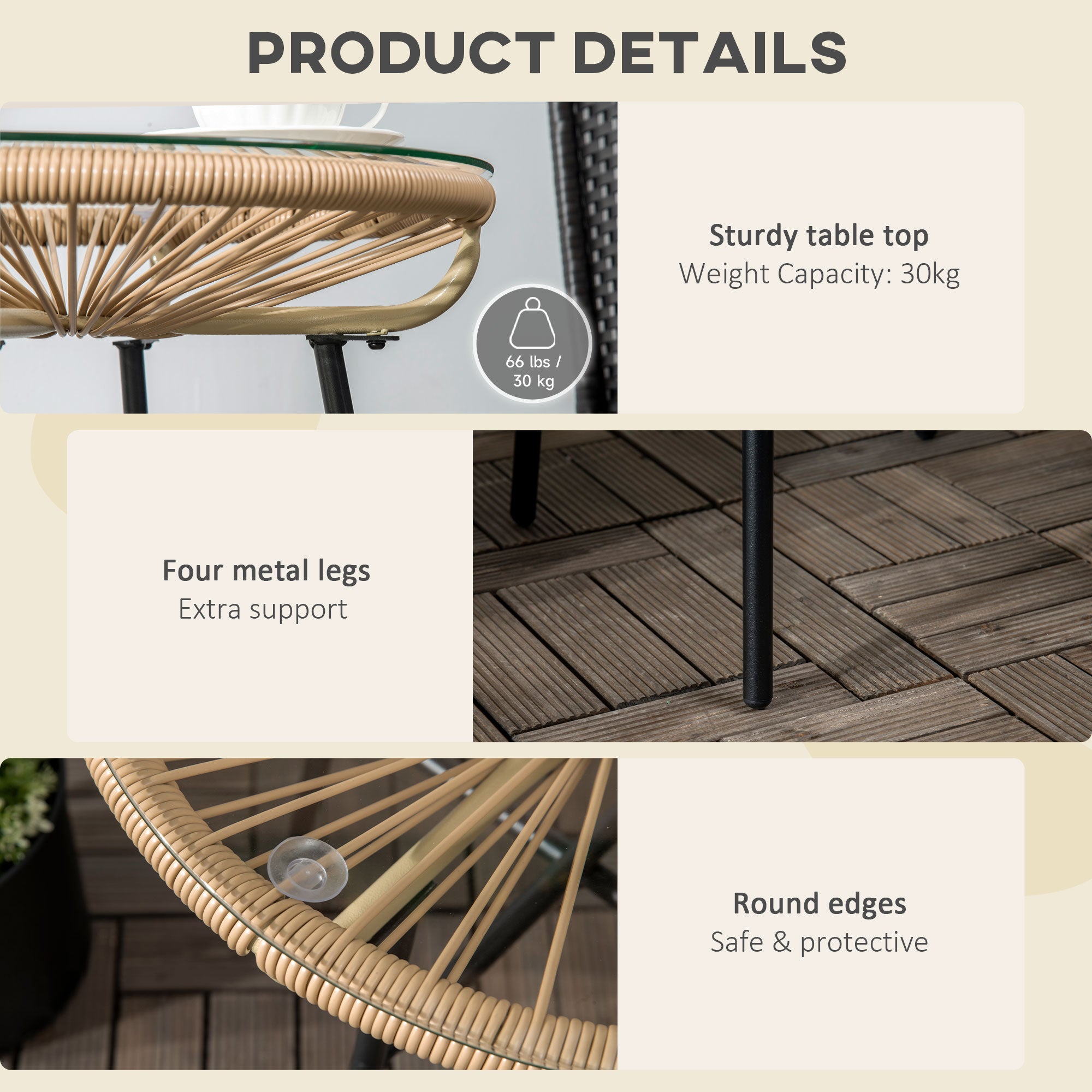 Outsunny Rattan Side Table, Outdoor Round Coffee Table, with Round PE Rattan and Tempered Glass Table Top for Patio, Garden, Balcony, Beige