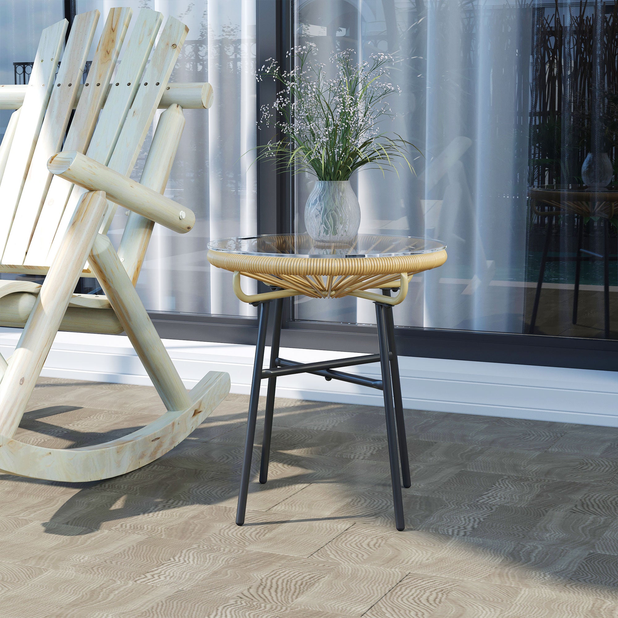 Outsunny Rattan Side Table, Outdoor Round Coffee Table, with Round PE Rattan and Tempered Glass Table Top for Patio, Garden, Balcony, Beige