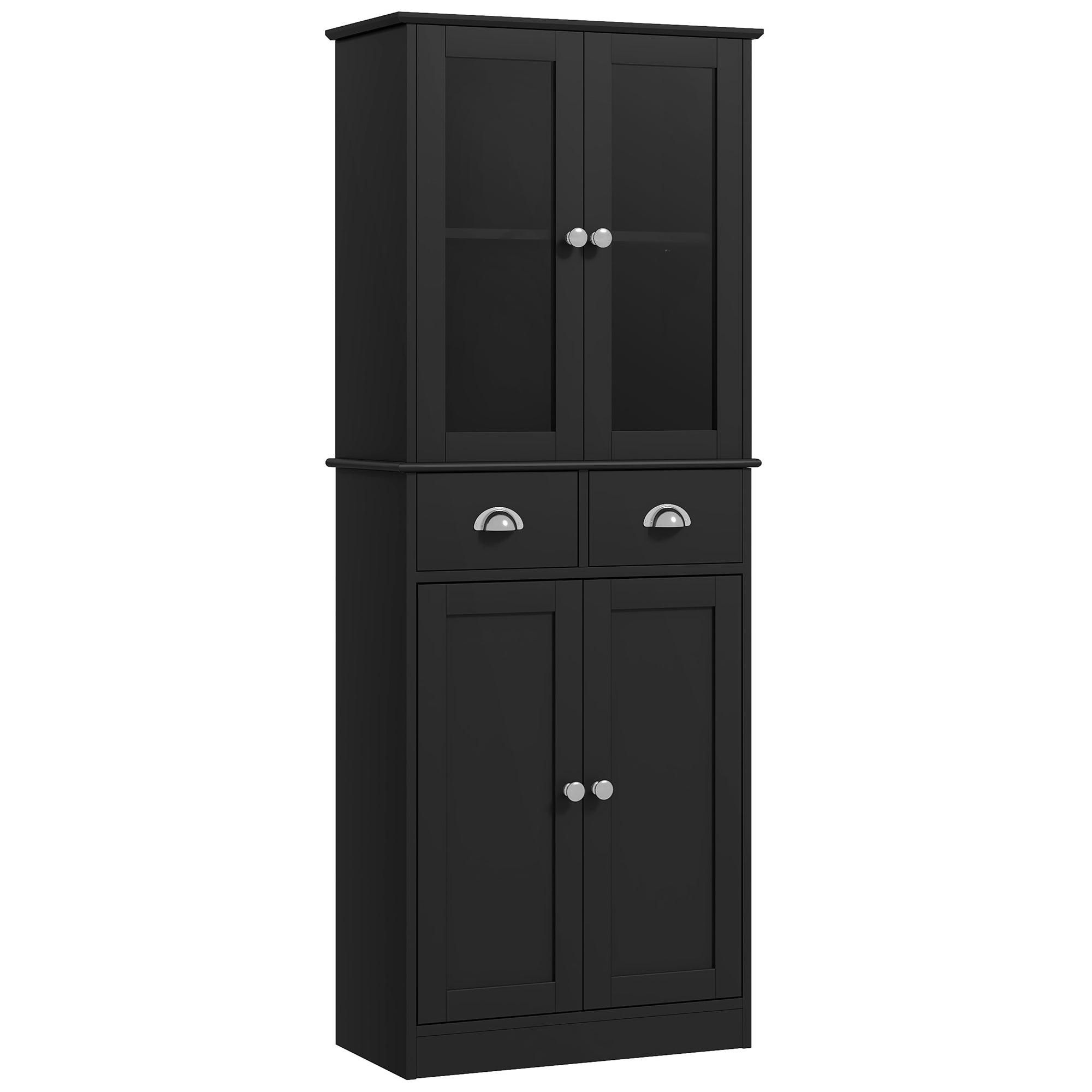 HOMCOM 61" Kitchen Pantry Cabinet, Freestanding Farmhouse Storage Cabinet with Soft Close Glass Doors and Adjustable Shelves, Black