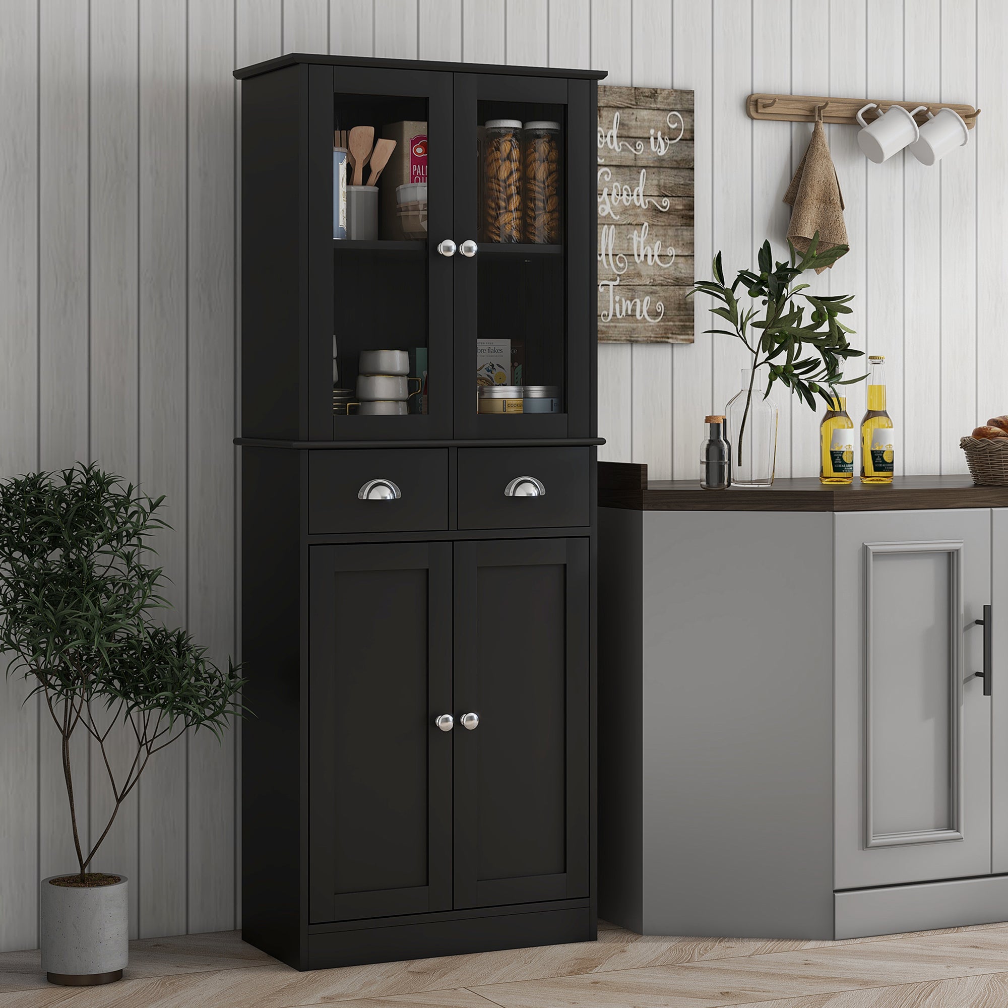 HOMCOM 61" Kitchen Pantry Cabinet, Freestanding Farmhouse Storage Cabinet with Soft Close Glass Doors and Adjustable Shelves, Black