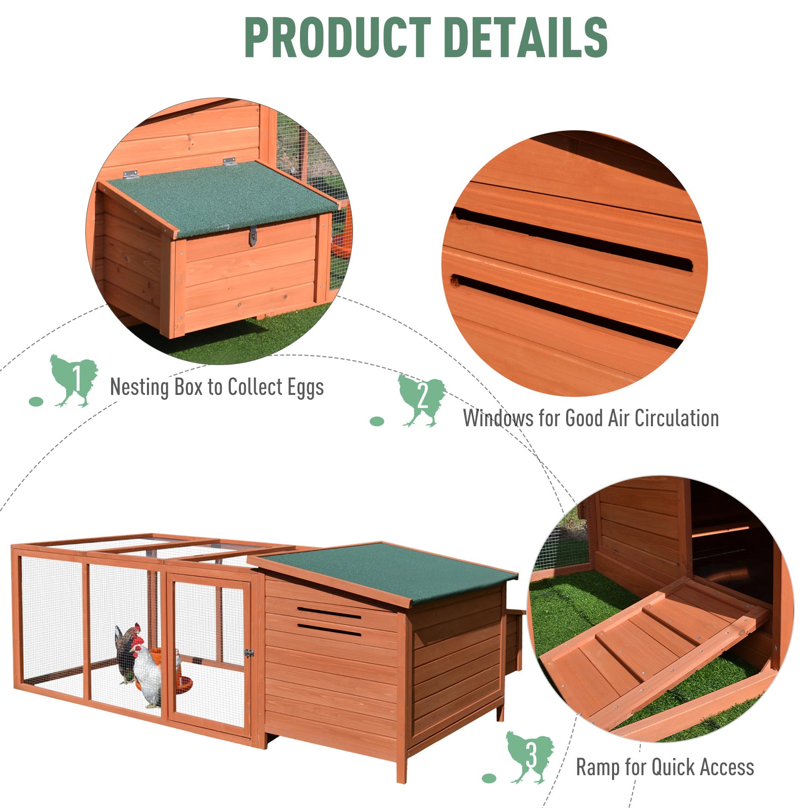 PawHut 88" Large Wooden Chicken Coop Outdoor Hen House Poultry Cage Pen Backyard with Run, Nesting Box, Waterproof Roof and Removable Tray, Natural