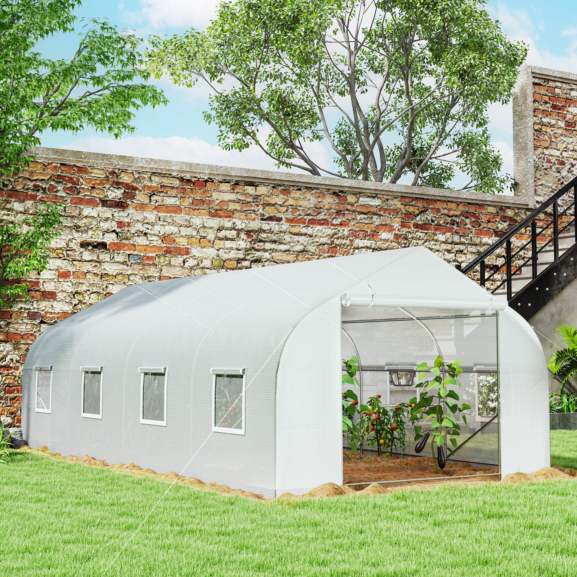 Outsunny 20x10x7ft Walk-in Tunnel Greenhouse, Outdoor Backyard Plant Seed Growth Warm House with 2 Anchor Way, White