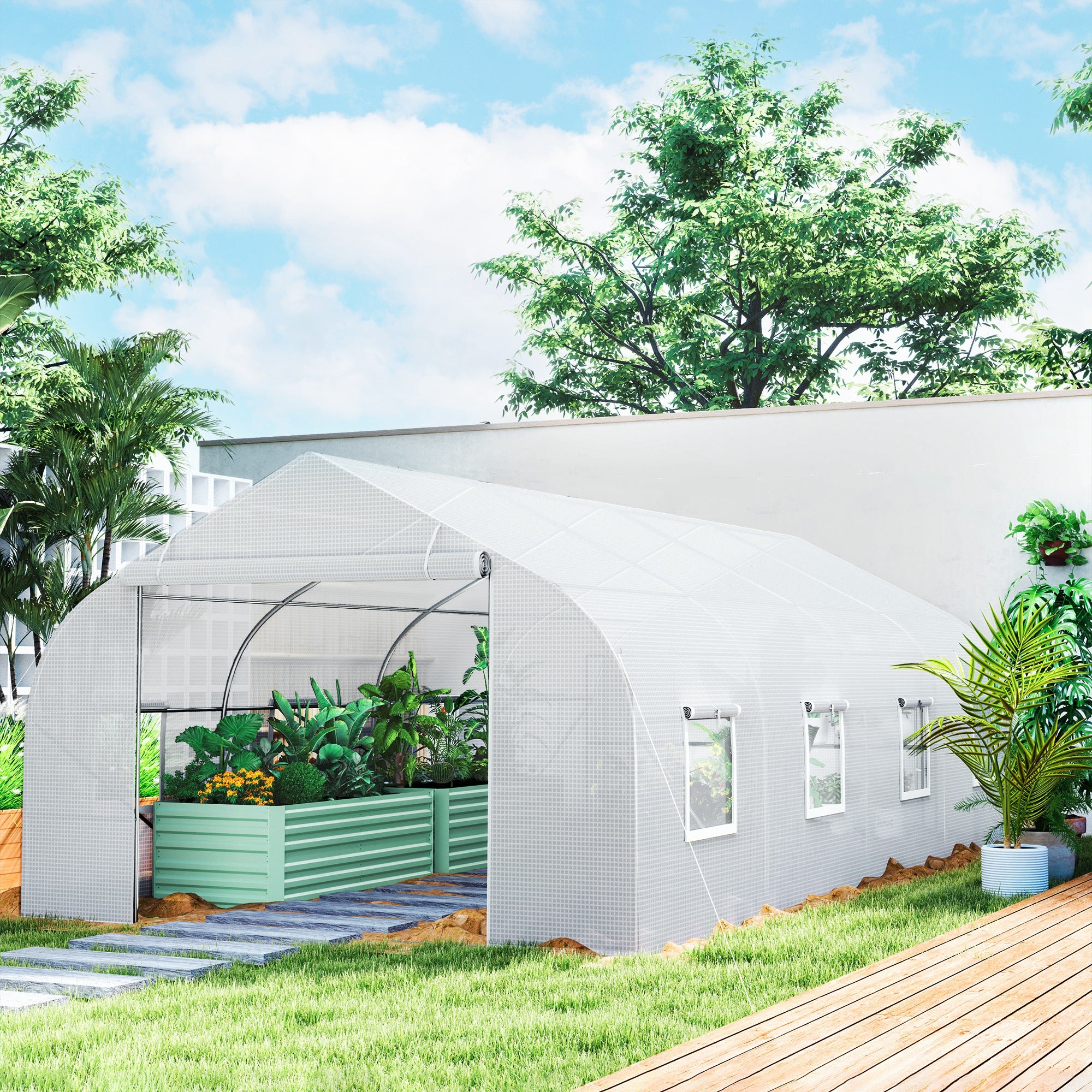 Outsunny 20x10x7ft Walk-in Tunnel Greenhouse, Outdoor Backyard Plant Seed Growth Warm House with 2 Anchor Way, White