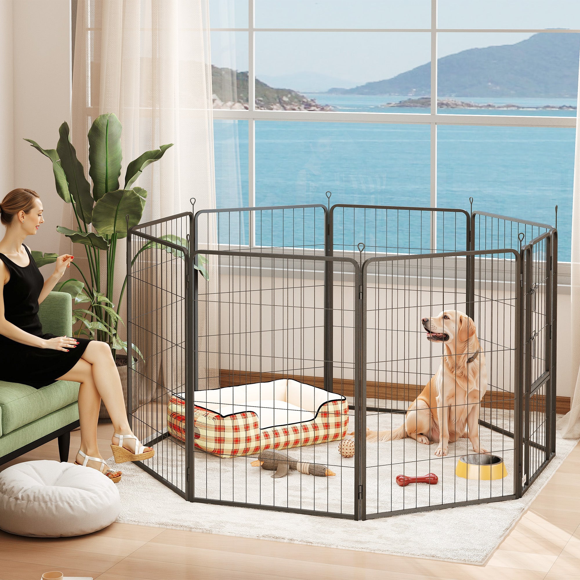 PawHut 8 Panels Dog Playpen, 39" H Heavy Duty Dog Pen, Portable & Foldable Dog Fence with Door & Strap for Indoor Outdoor Backyard Garden, Puppy Pet Playpen for Large Dogs