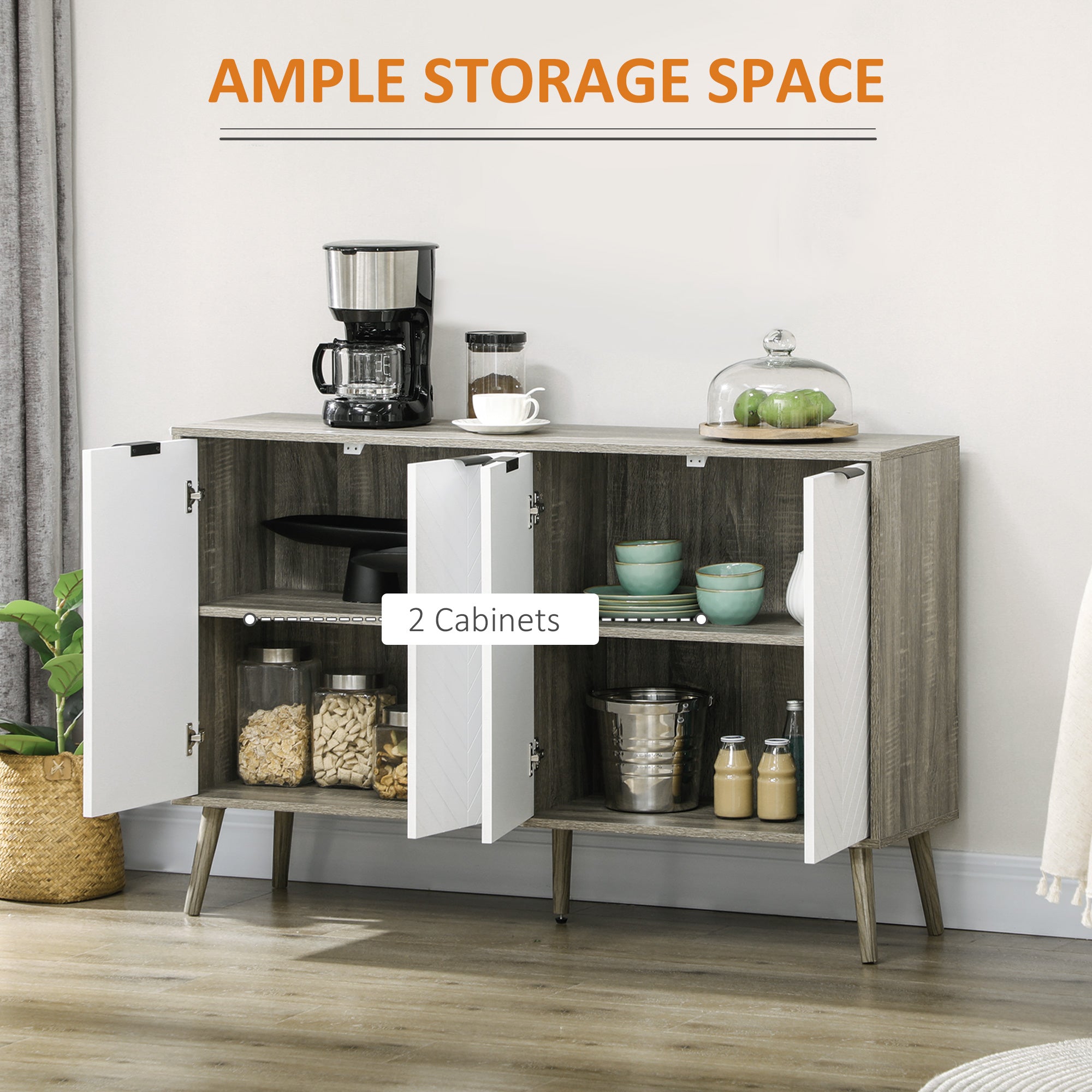 HOMCOM Kitchen Sideboard, Modern Storage Cabinet, Accent Cupboard with Adjustable Shelves, Grayish Brown