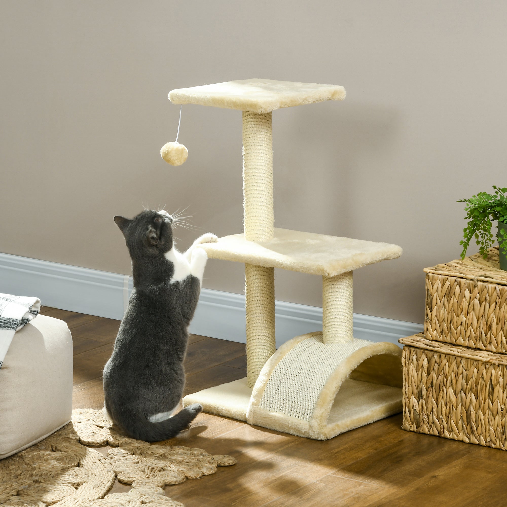 PawHut Cat Tree Tower for Indoor Cats, 72cm Climbing Activity Centre w/ Sisal Scratching Post, Pad, Arc Perch, Hanging Ball, Toy - Cream white