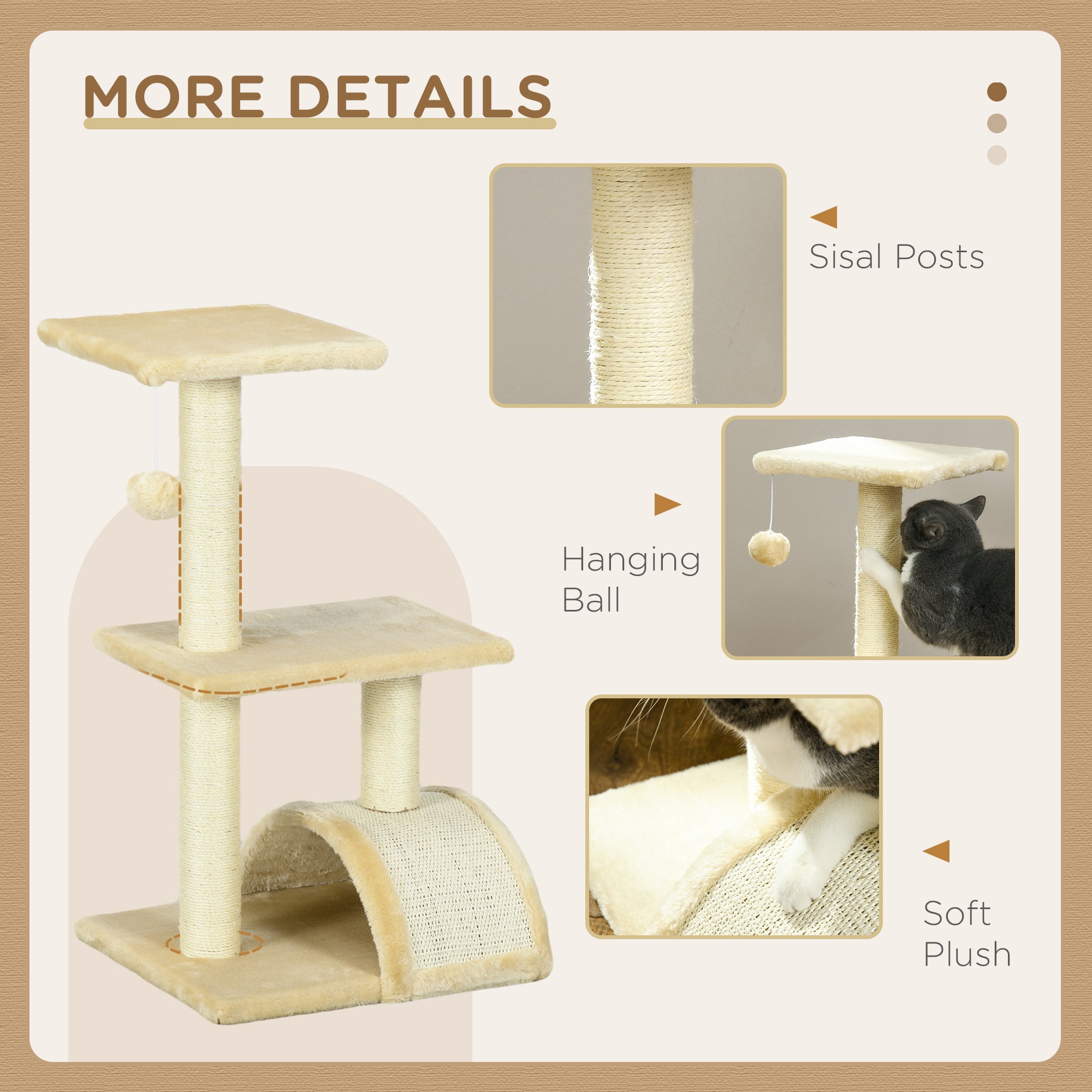 PawHut Cat Tree Tower for Indoor Cats, 72cm Climbing Activity Centre w/ Sisal Scratching Post, Pad, Arc Perch, Hanging Ball, Toy - Cream white