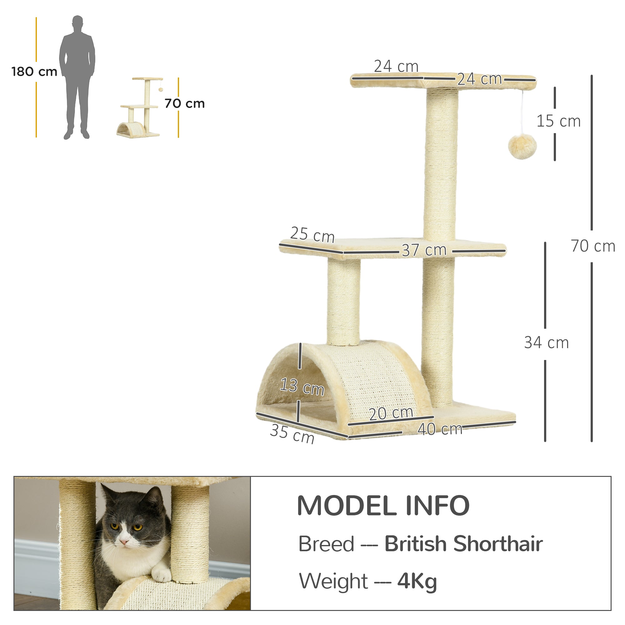 PawHut Cat Tree Tower for Indoor Cats, 72cm Climbing Activity Centre w/ Sisal Scratching Post, Pad, Arc Perch, Hanging Ball, Toy - Cream white