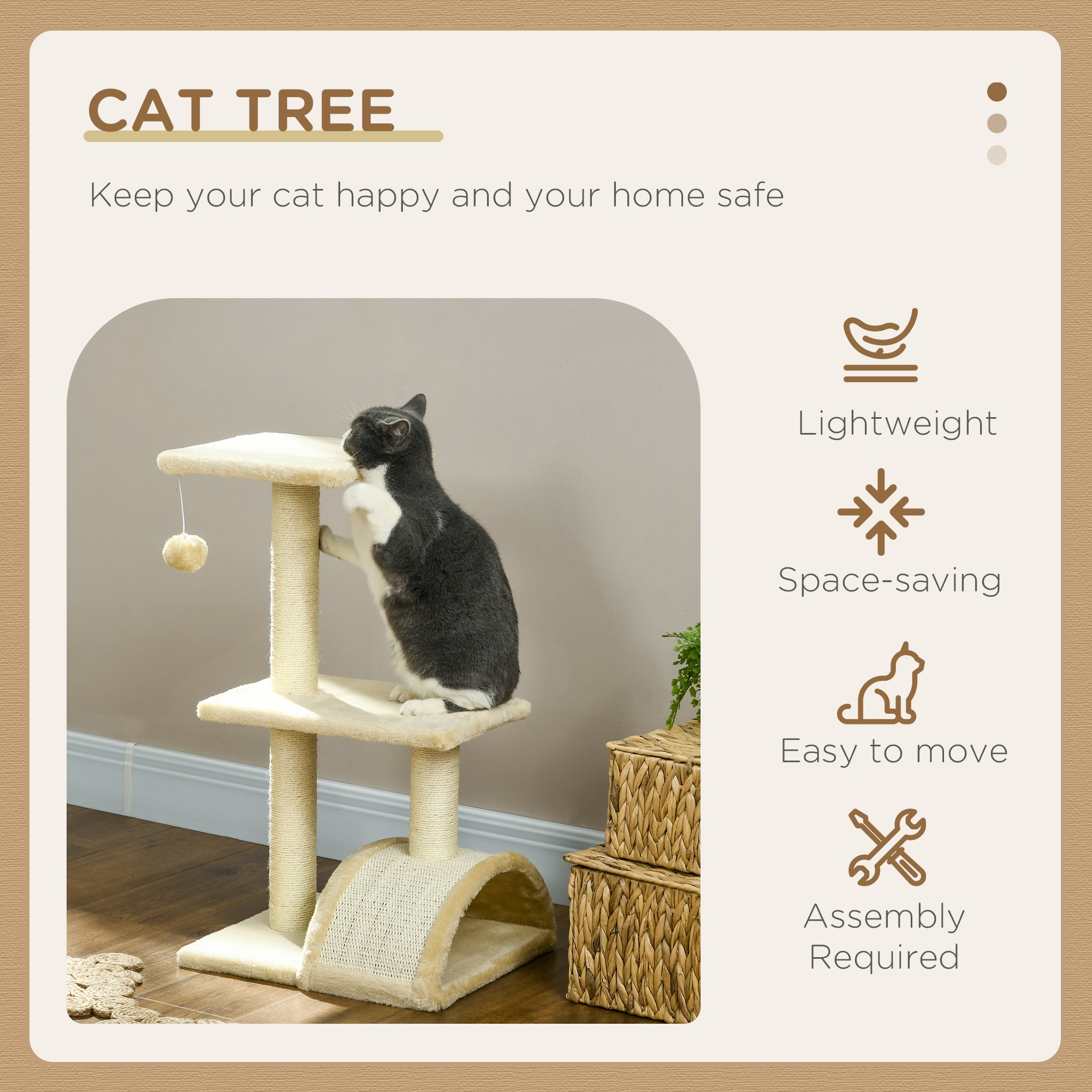 PawHut Cat Tree Tower for Indoor Cats, 72cm Climbing Activity Centre w/ Sisal Scratching Post, Pad, Arc Perch, Hanging Ball, Toy - Cream white